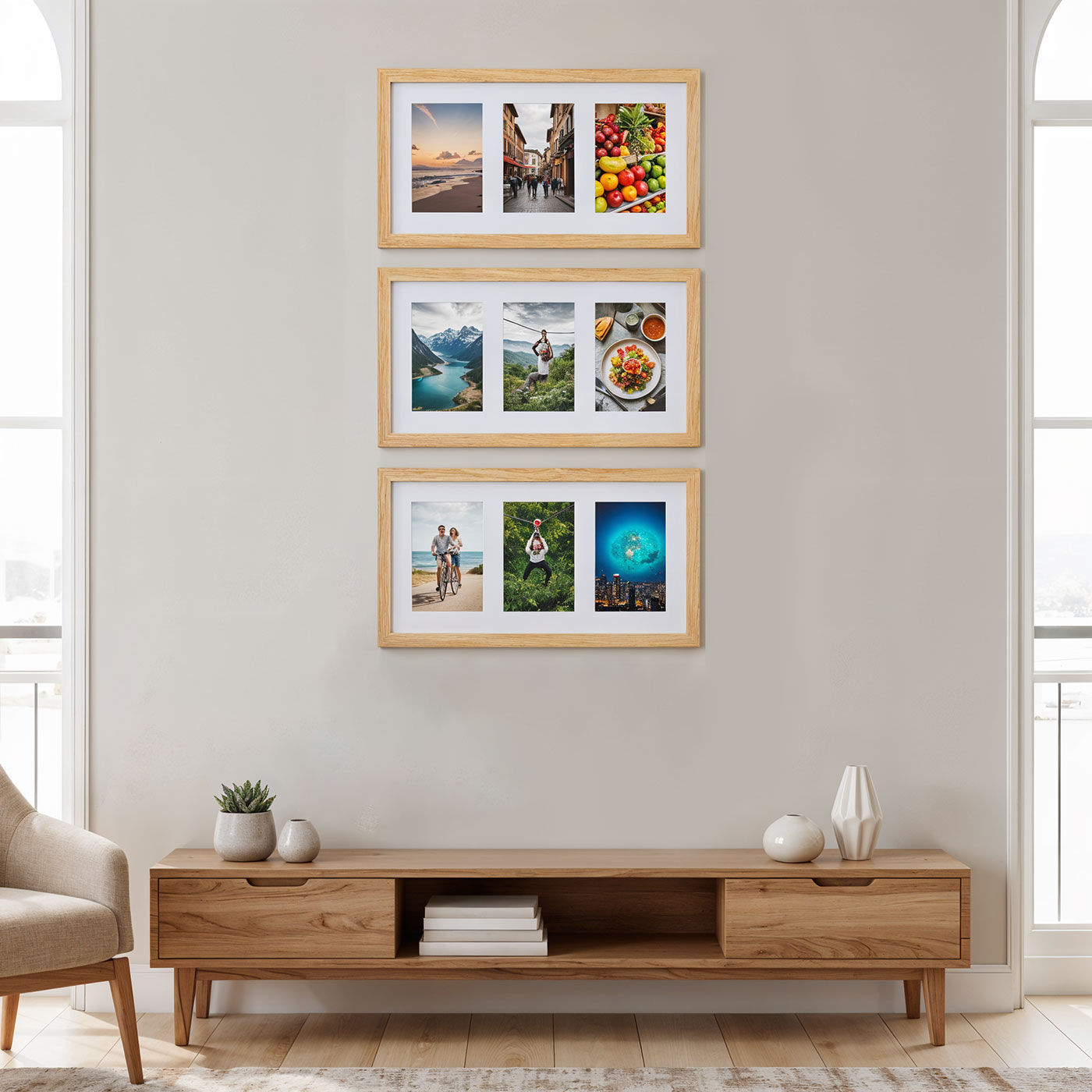 3er Set Bilderrahmen Collage 9 Fotos 10x15cm Eiche Optik MDF Passepartout Deko
