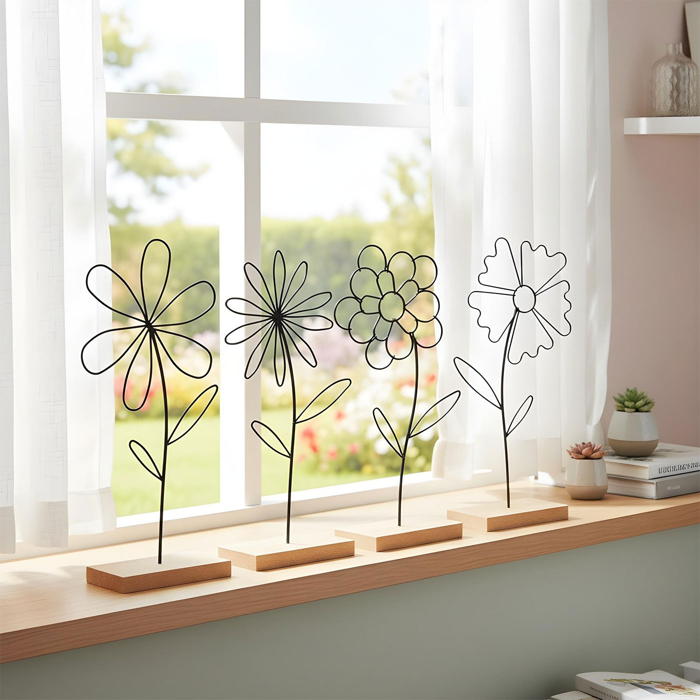 Blumen Deko Aufsteller 4er Set Metall Schwarz MDF Holzsockel Modern Tischdeko