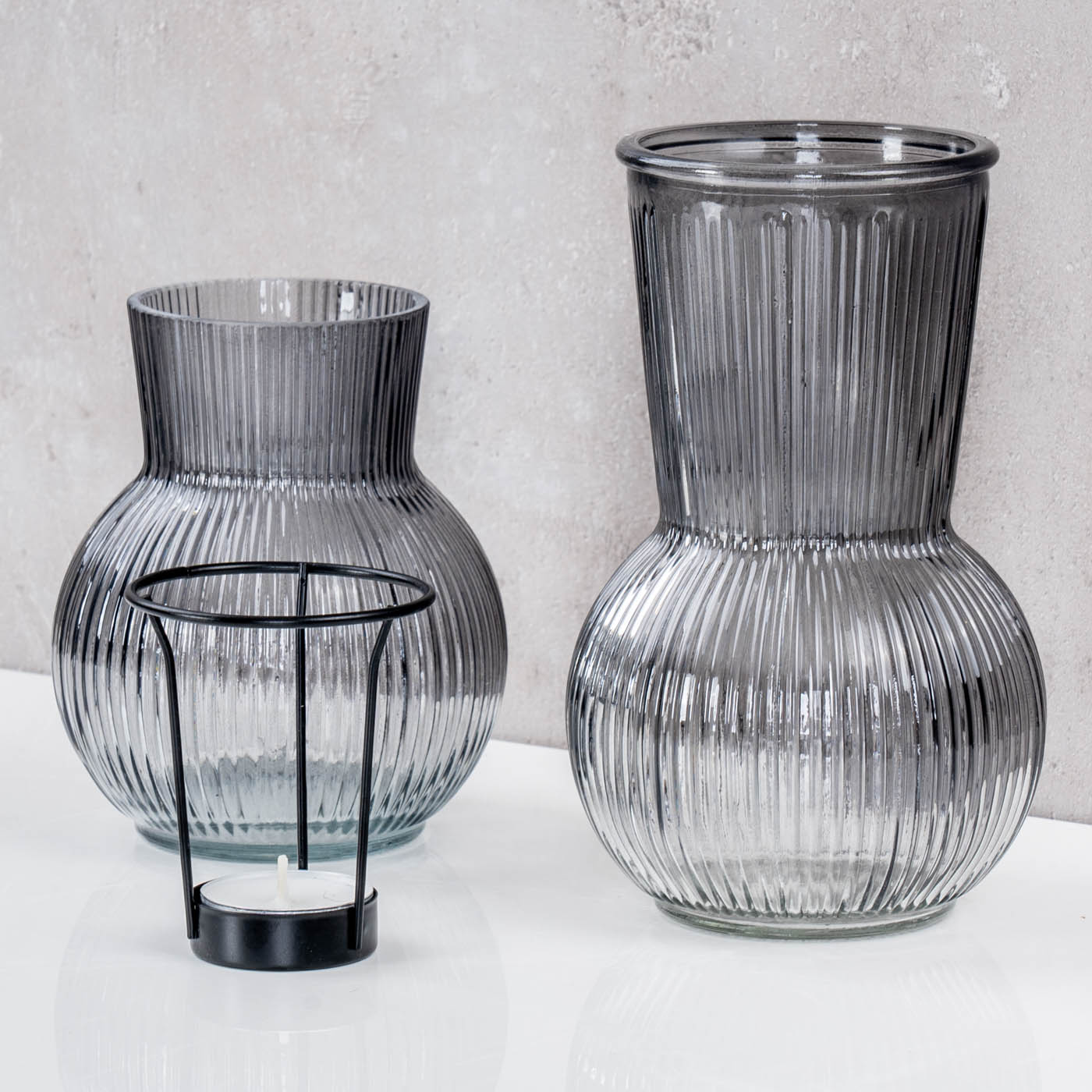 2er Set Tischdeko Vase Windlicht Grau Glas Rund Teelichthalter Retro Rillen Deko