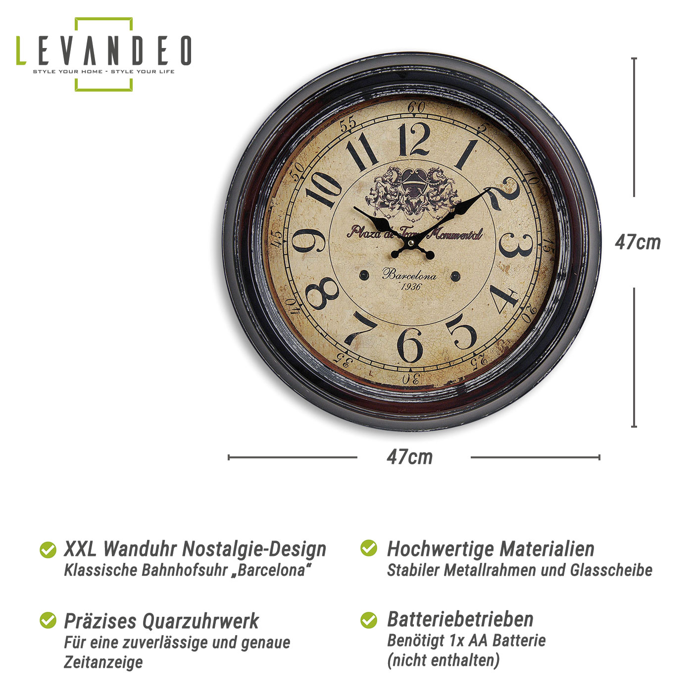 XXL Wanduhr 47cm Nostalgie Shabby Chic Bahnhofsuhr Barcelona Spanien Metall Deko