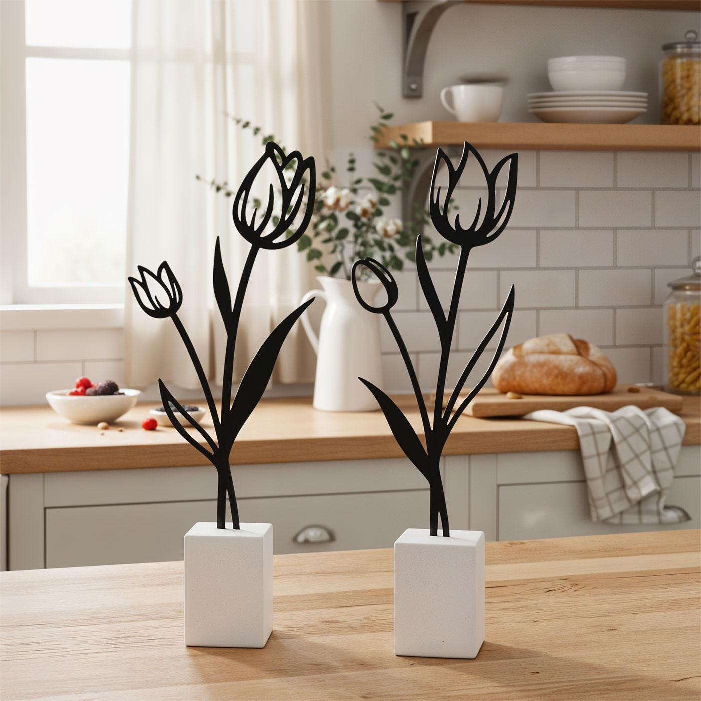 2er Set Metall Blume Tulpe Schwarz Beton Grau Draht Deko Aufsteller Tischdeko