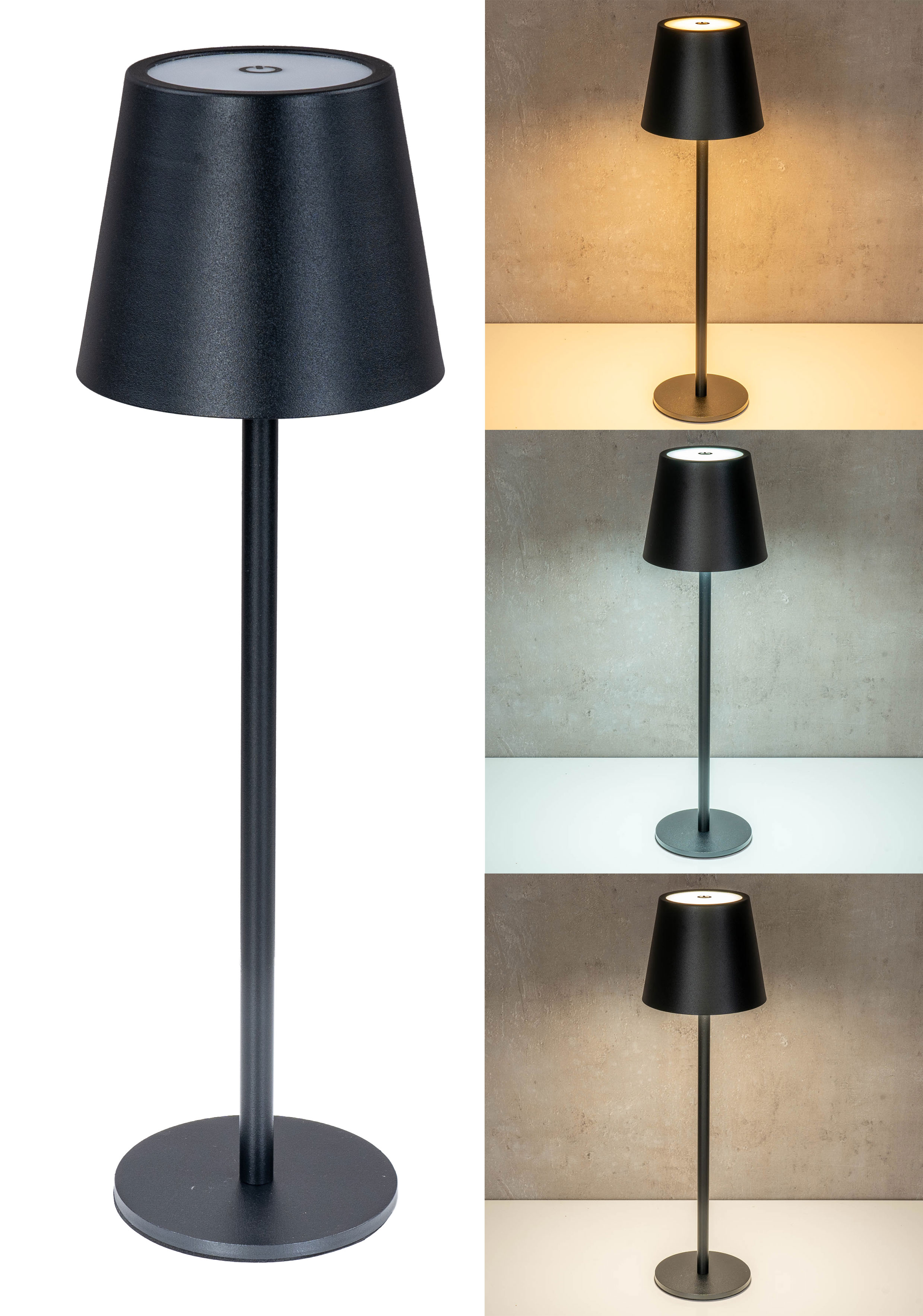 LED Tischlampe H38cm Schwarz Metall Kabellos Nachttischlampe Touch Leuchte Deko