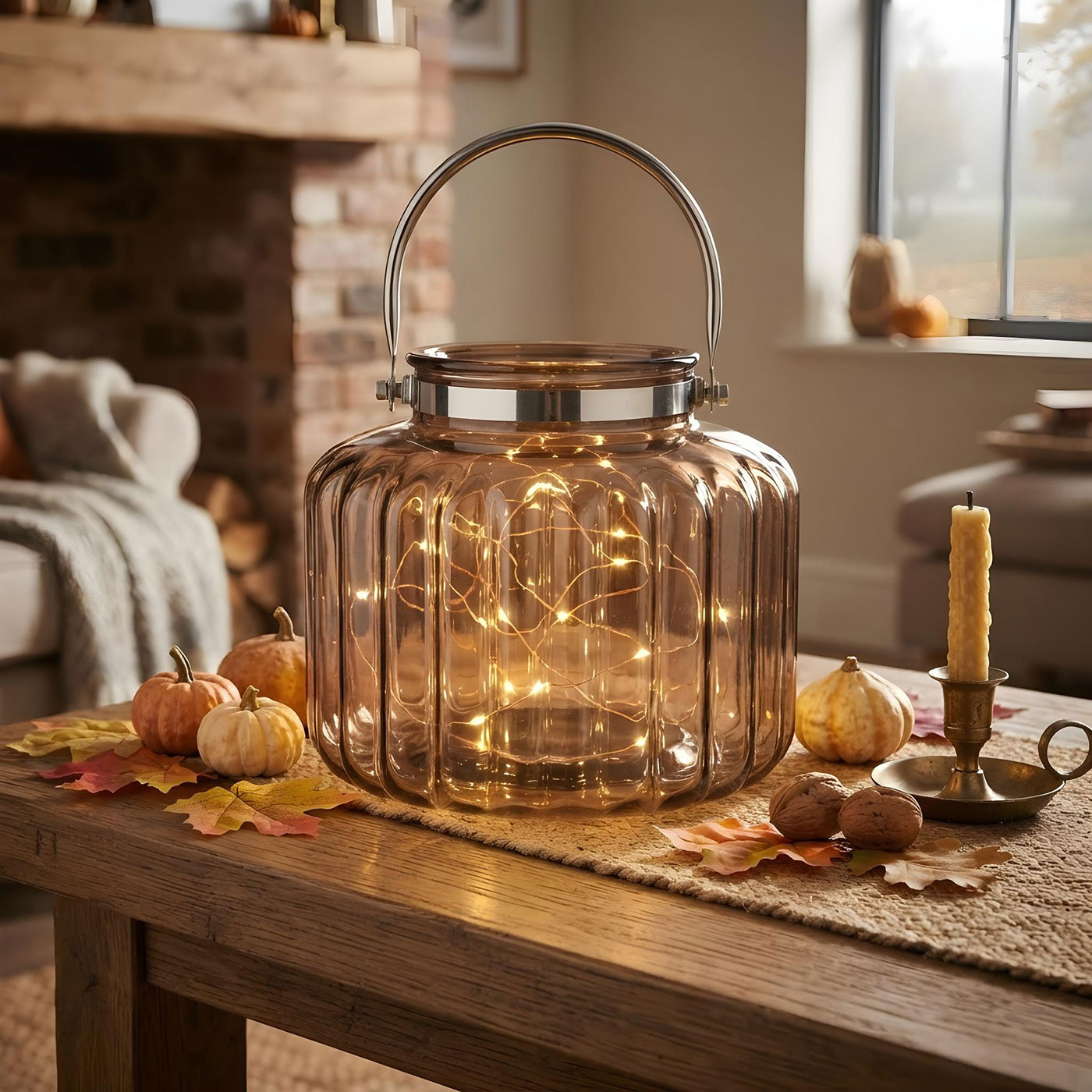 Windlicht Braun Glas H35cm Laterne Kerzenhalter Rillen Herbstdeko Tischdeko