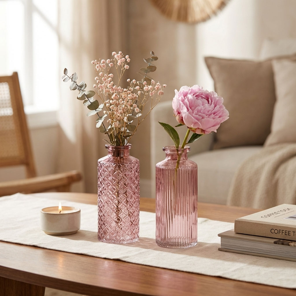 2er Set Vase H14cm Rosa Glas Blumenvase Tischdeko Frühling Blumendeko Glasvase