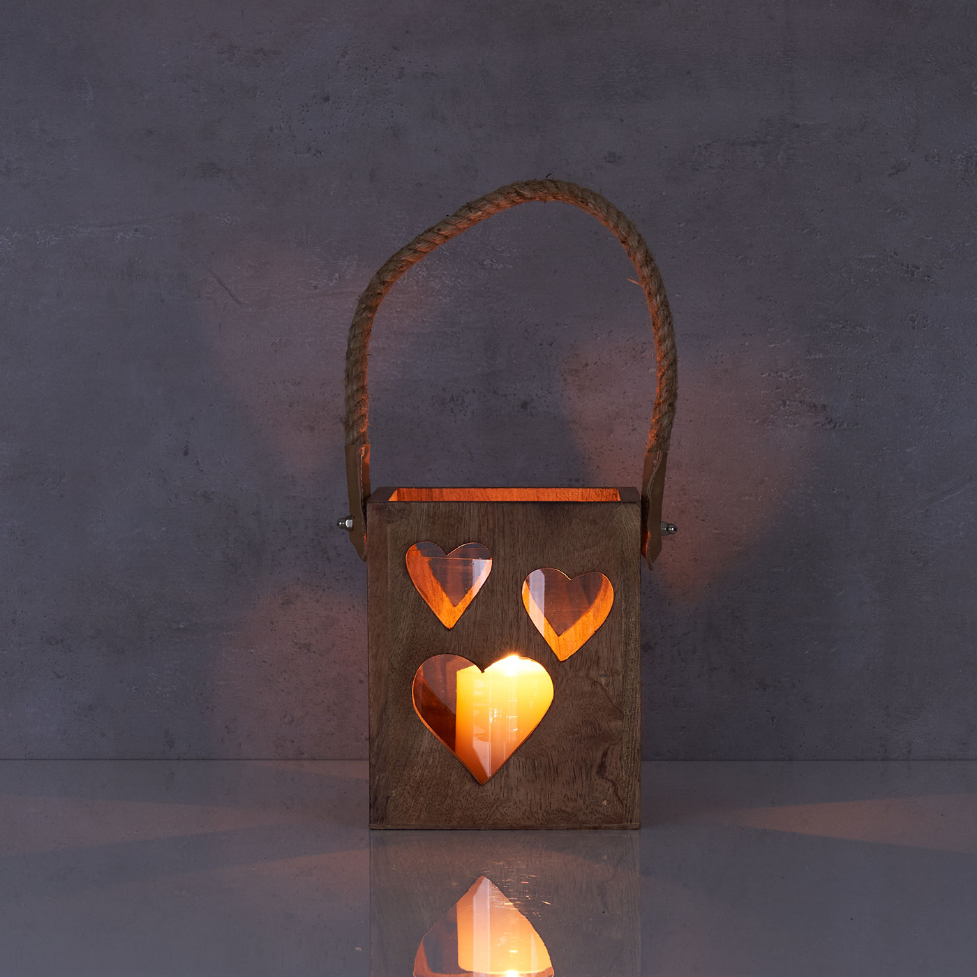 Windlicht Herz 15x18x15cm Braun Mangoholz Laterne Glas Teelichthalter Kerze Tau