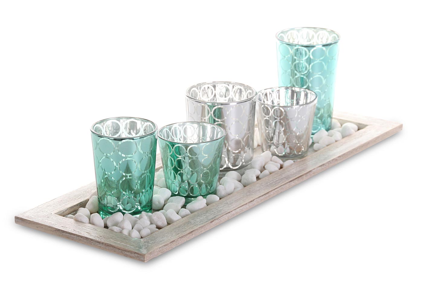 Tablett Teelichthalter Set 42,5x15x2cm Holz Glas Windlichter Deko