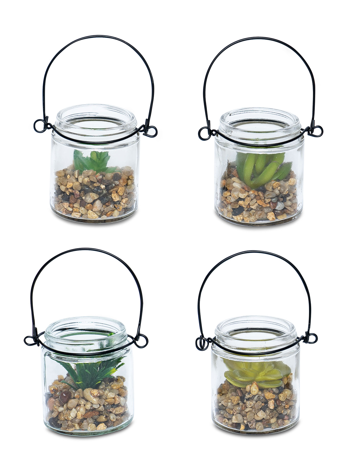 4er Set Sukkulenten Glas 6x7cm Pflanze Grün Tischdeko Kunstpflanze Deko