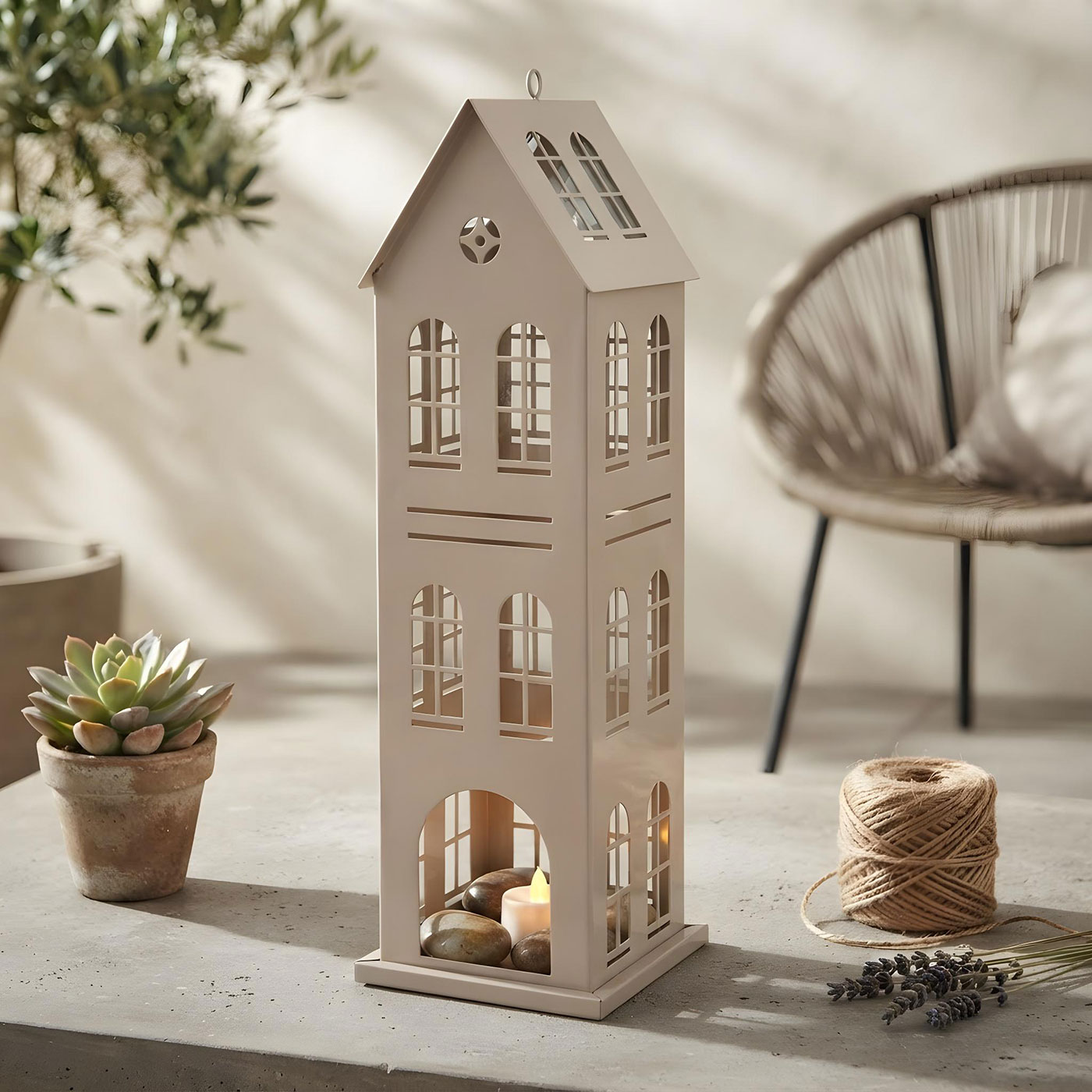 Metall Laterne Haus Grau H49cm Dekohaus Windlicht Hausform Kerzenhalter Deko