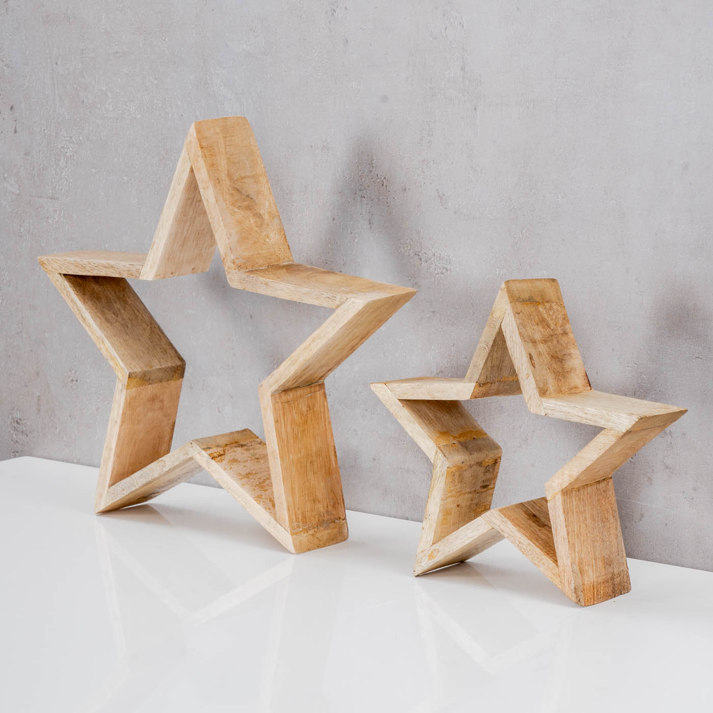 2er Set Holz-Sterne 20-30cm Mango Holz Natur Braun Weihnachtsdeko Tischdeko Deko