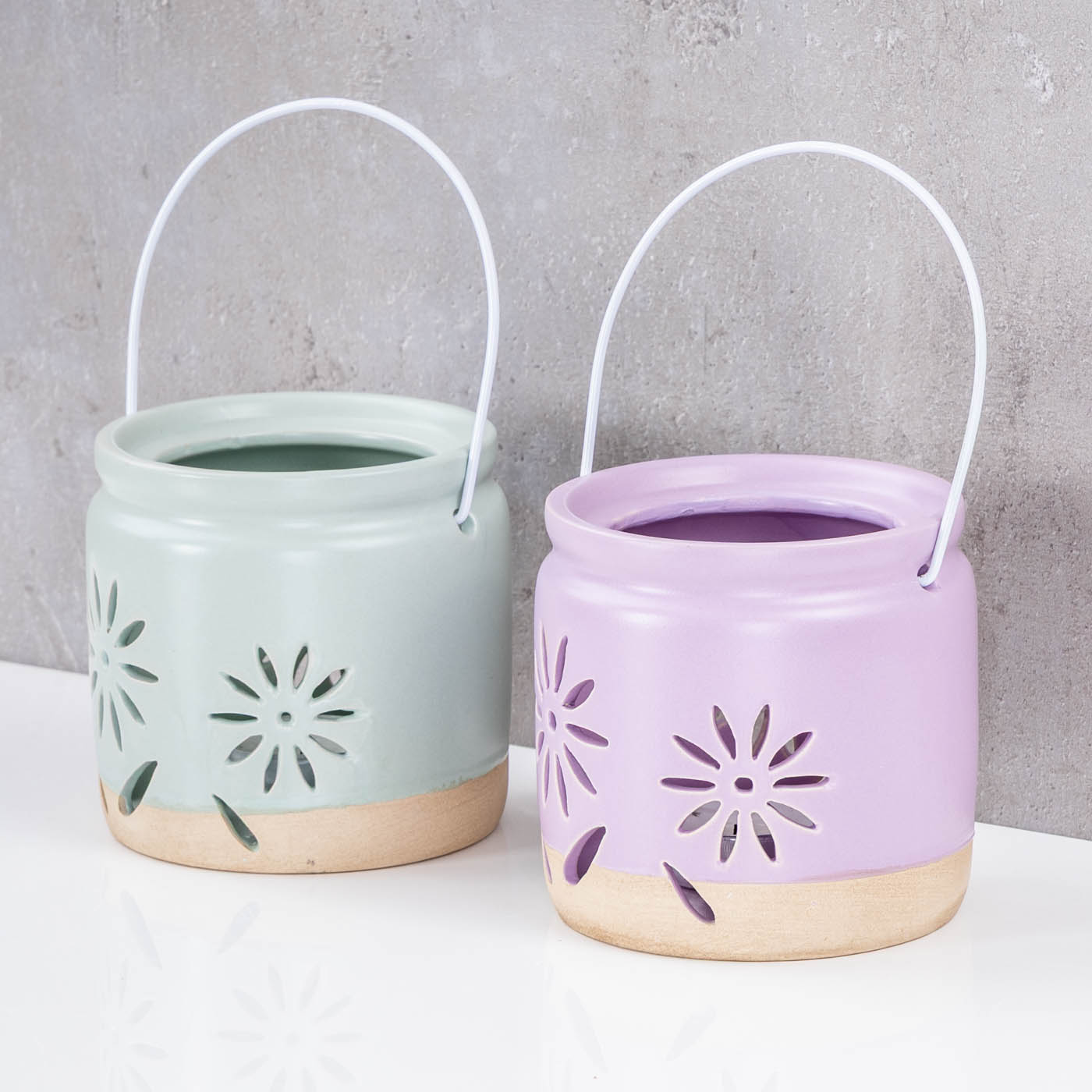 2er Set Windlichter H9cm Lila Grün Porzellan Teelichthalter Blume Frühling Tischdeko