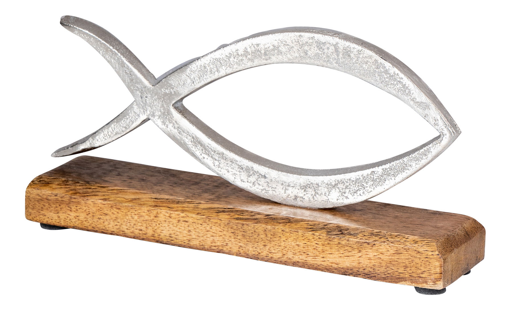 Aufsteller Fisch L13cm Metall Mango Holz Silber Natur Maritime Deko Christentum