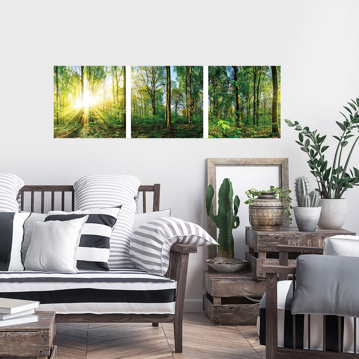 3er Set Wandbild je 30x30cm Glasbild Wald Natur Sonne Landschaft Wanddeko Baum