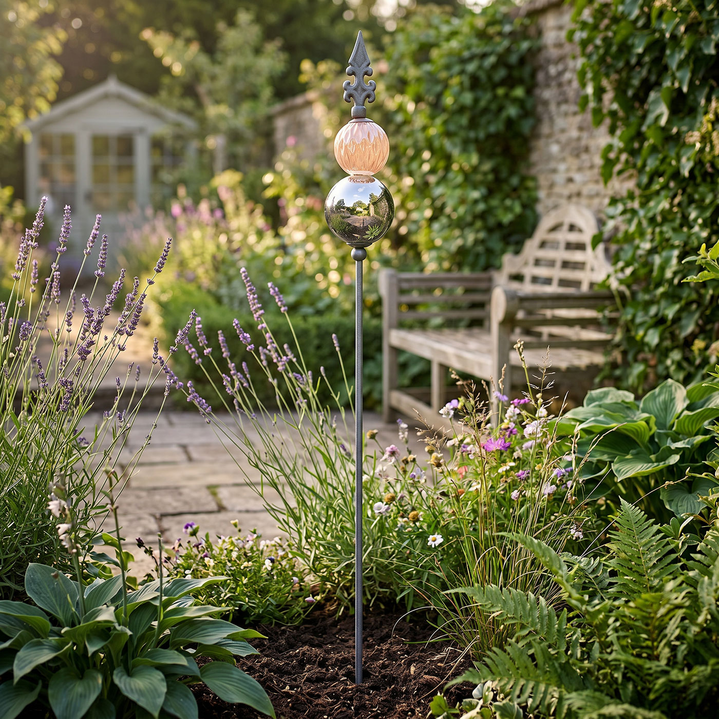 Gartenstecker Lilie Metall Stab 120cm Keramik Rosa Silber Beetstecker Gartendeko