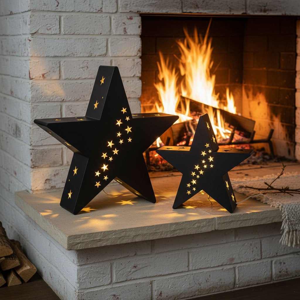 2er Set Kerzenhalter Laterne Stern 30-45cm Metall Schwarz Weihnachtsdeko Aufsteller