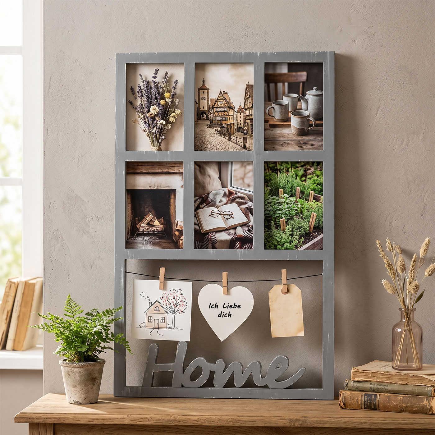 Bilderrahmen H56cm 6 Fotos Grau Home Klammern Shabby Chic Fotorahmen Collage