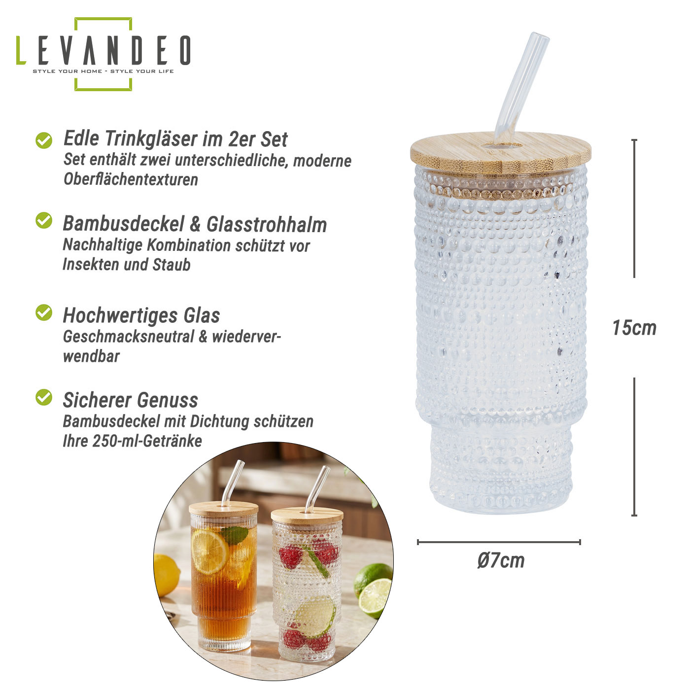 2er Set Trinkglas Deckel Strohhalm 250ml Bambusdeckel Trinkbecher Vintage Glas