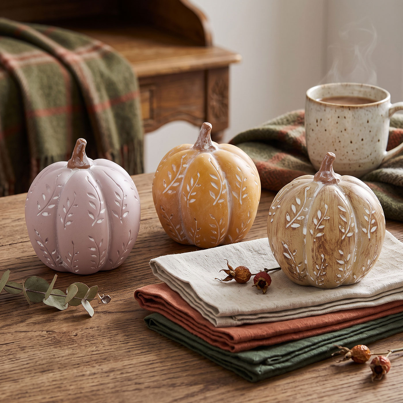 3er Set Deko Kürbis Orange Beige Rosa 10cm Tischdeko Herbst Herbstdeko Ernte
