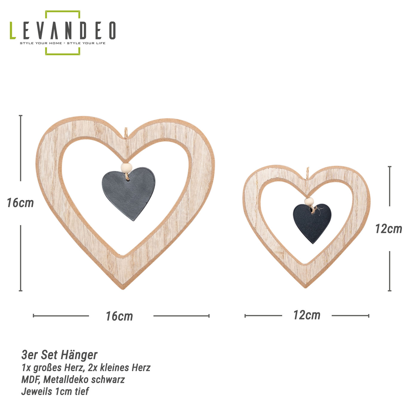 3er Set Herz Anhänger Natur Schwarz MDF Holz Metalldeko Hängedeko Frühling Deko