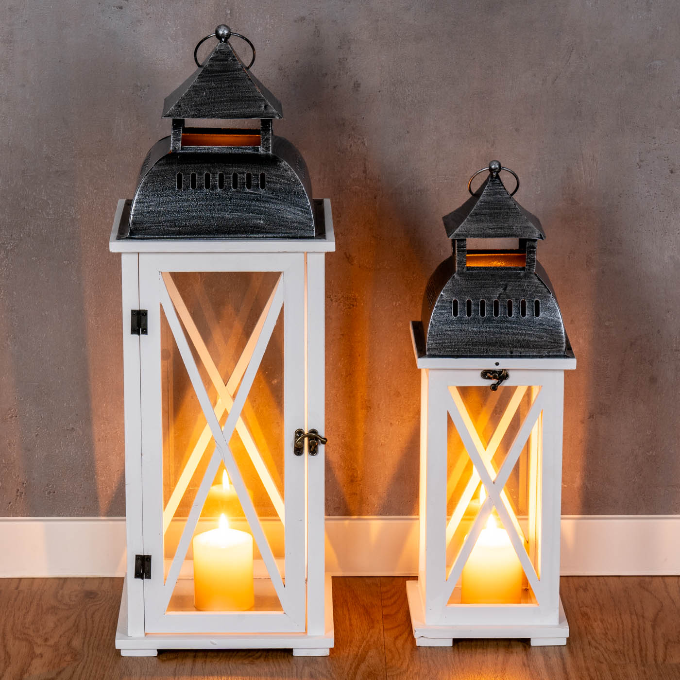 2er Set Laterne aus Holz Weiß Metall Kerzenhalter Windlicht Holzlaterne Deko