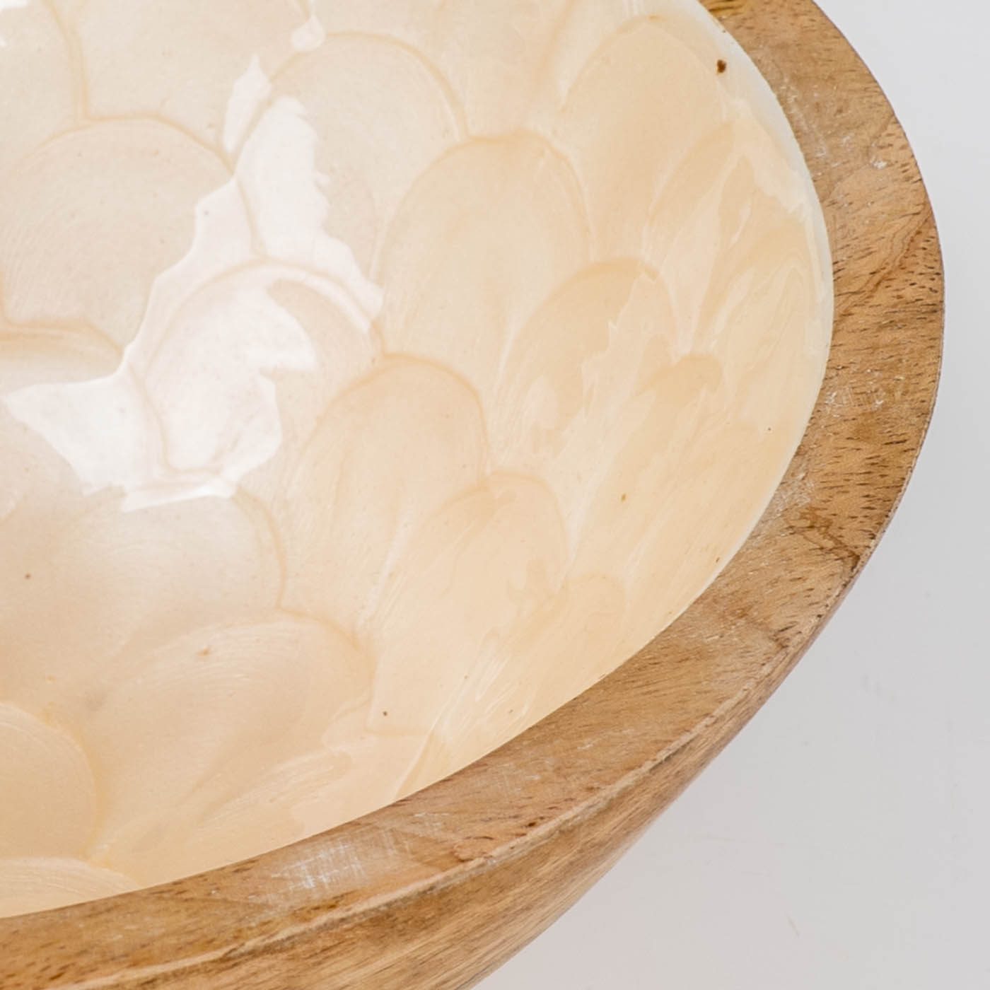 Schüssel 35cm Mango Holz Creme Perlmutt Emaille Schale Bowl Salatschüssel Deko