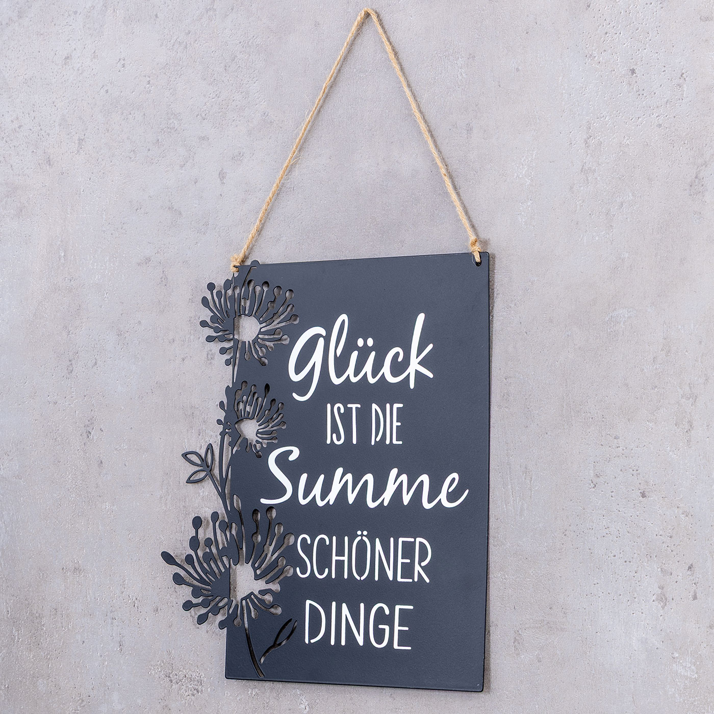 Wandbild Metall Glück Schwarz Spruch Blumen Wanddeko Metallschild Jute Wohndeko
