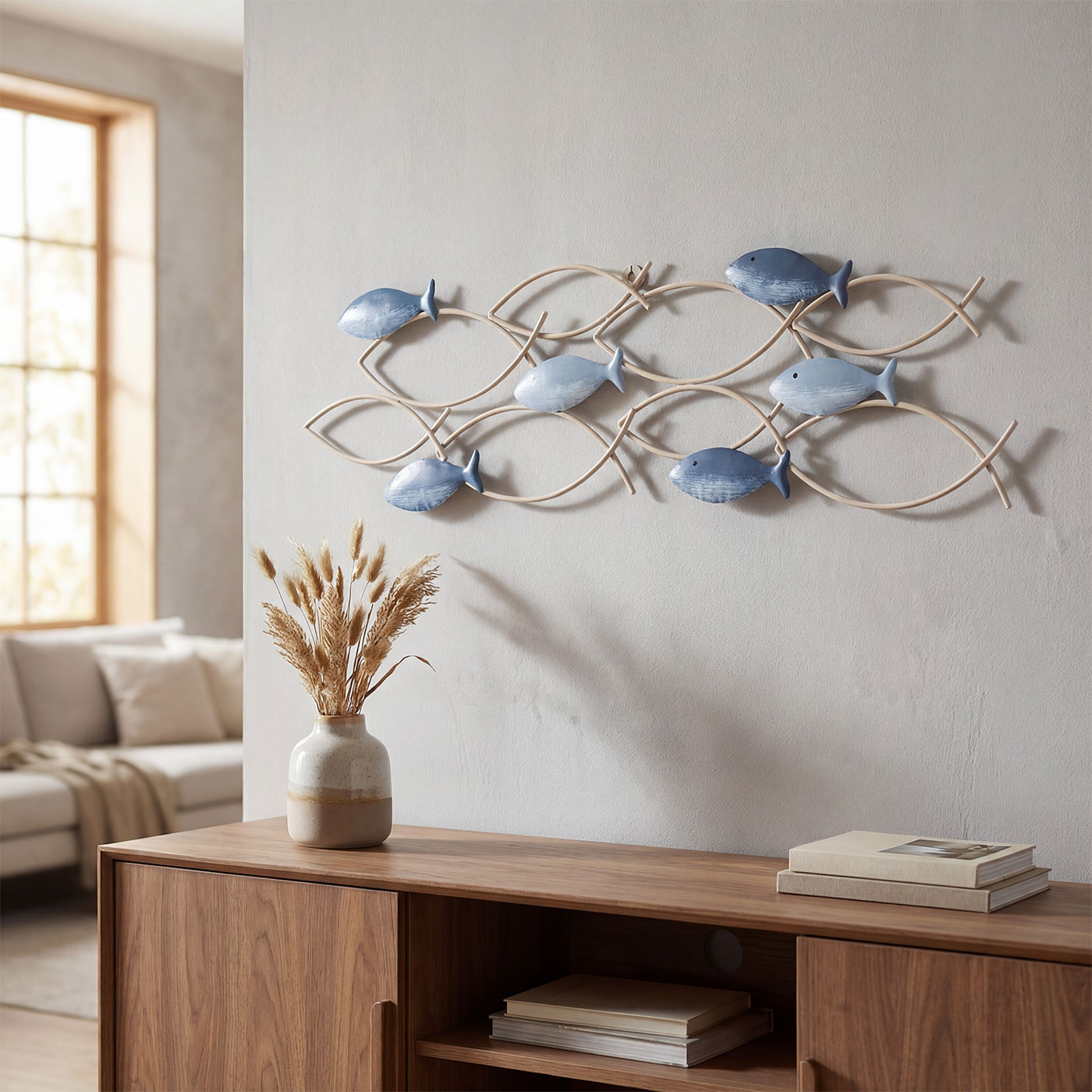 Wandbild Fische Metall L70cm Blau Taupe Maritim Wanddeko Metalldeko Wandskulptur