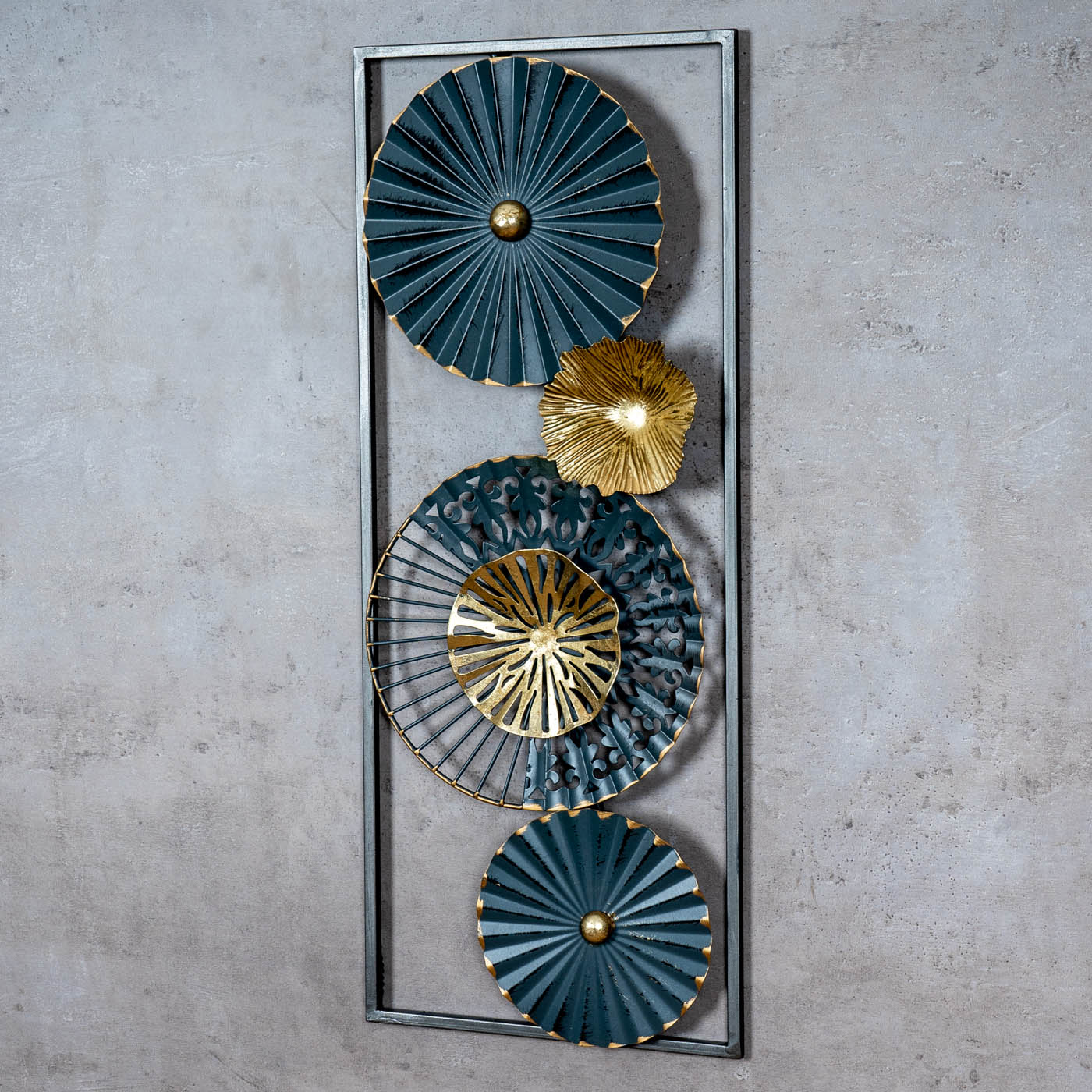 3D Wandbild H60cm Ringe Metall Blau Schwarz Gold Deko Teller Wanddeko Design