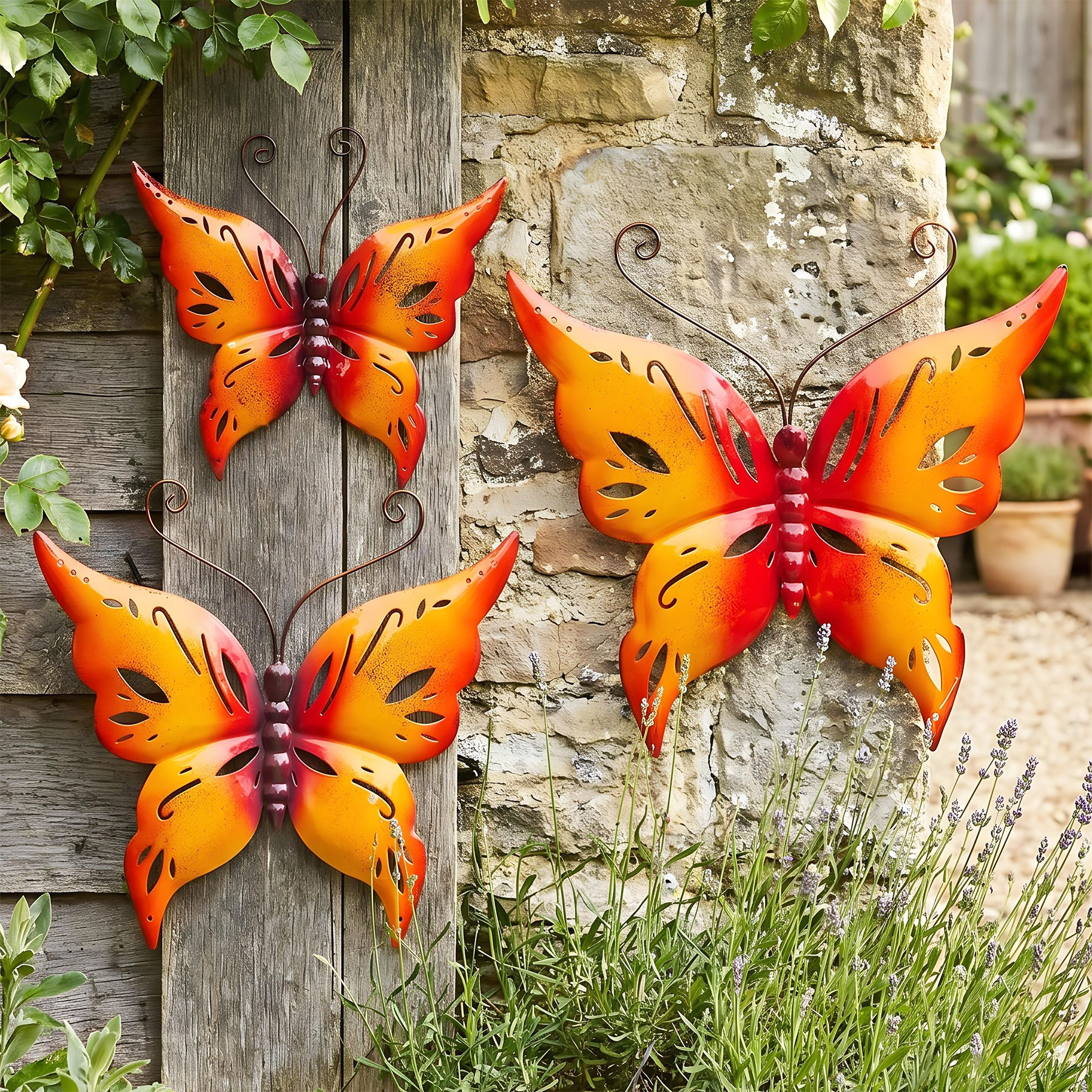 3er Set Schmetterling Metall Wanddeko Rot Orange B20-33cm Gartendeko Wandkunst