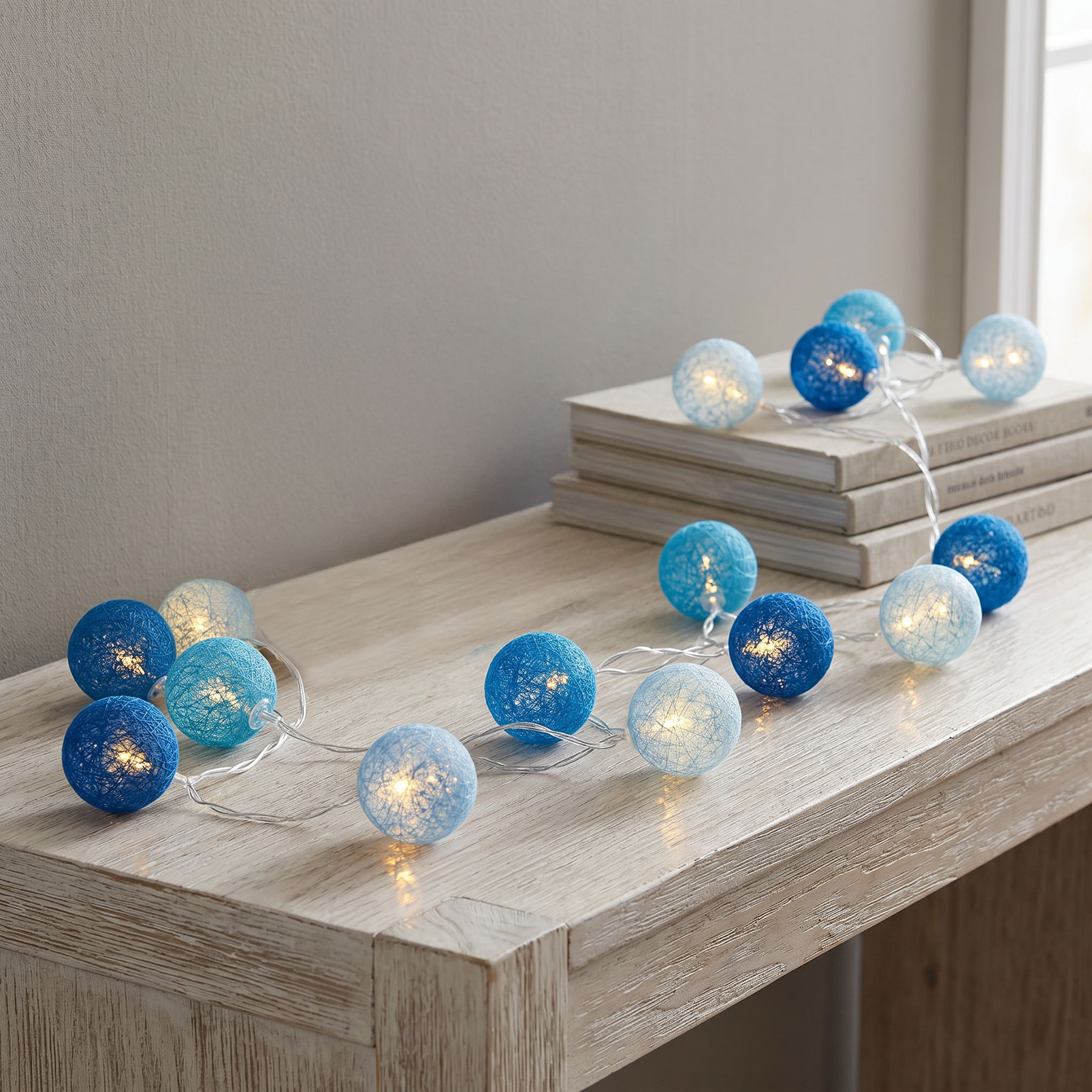 15er Lichterkette Ø4cm LED Kugeln Girlande Lampions Baumwolle Blau Deko