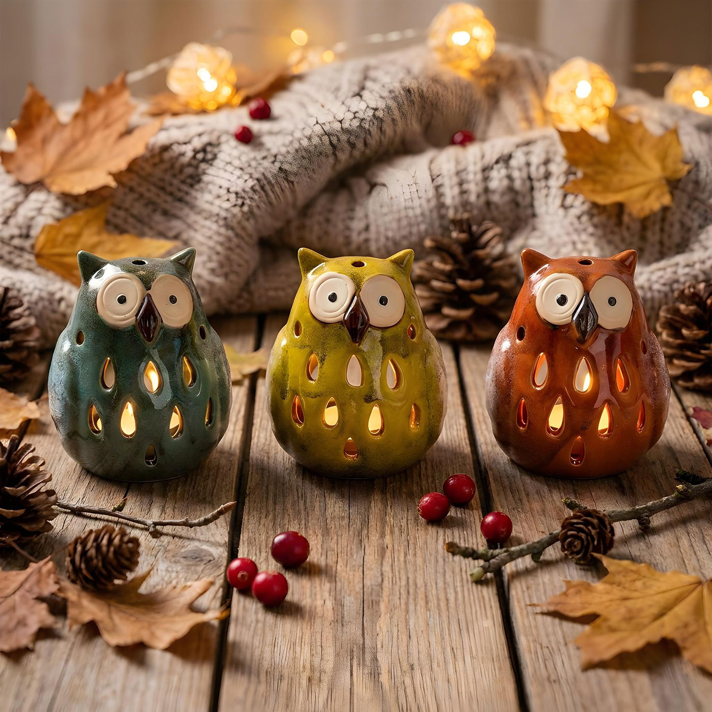 3er Set Kerzenhalter Eule H11cm Windlicht Orange Gelb Grün Herbstdeko Tischdeko