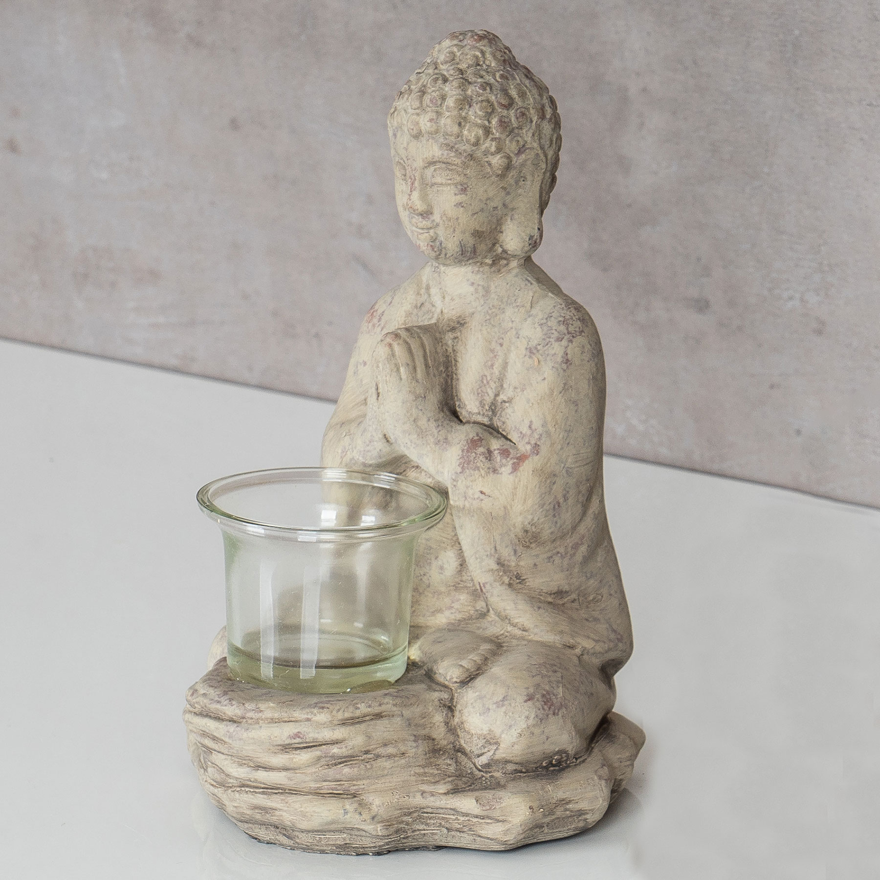 Teelichthalter Buddha Figur Keramik 19cm hoch Grau Tischdeko Kerzenhalter