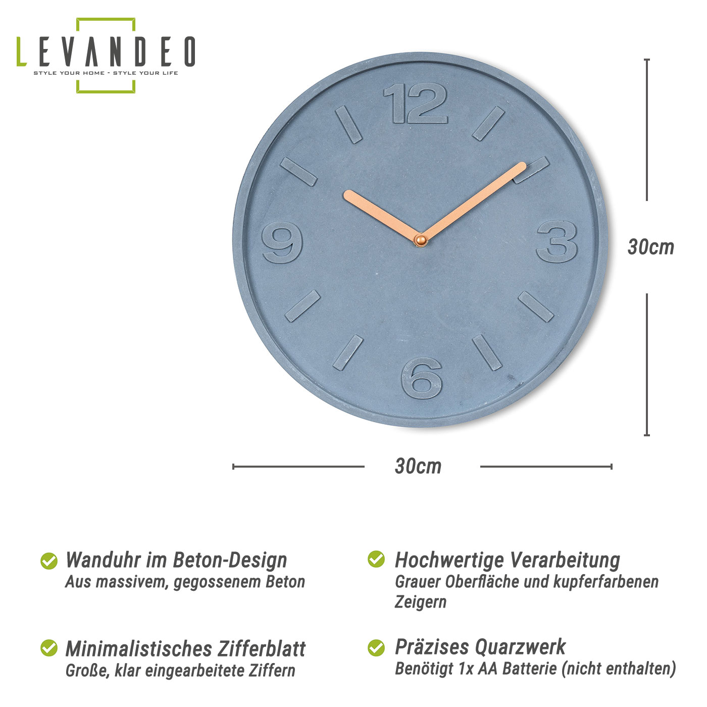 Wanduhr Beton 30cm Grau Kupfer Uhr Betongrau Wanddeko Industrie Design Wohnzimmeruhr