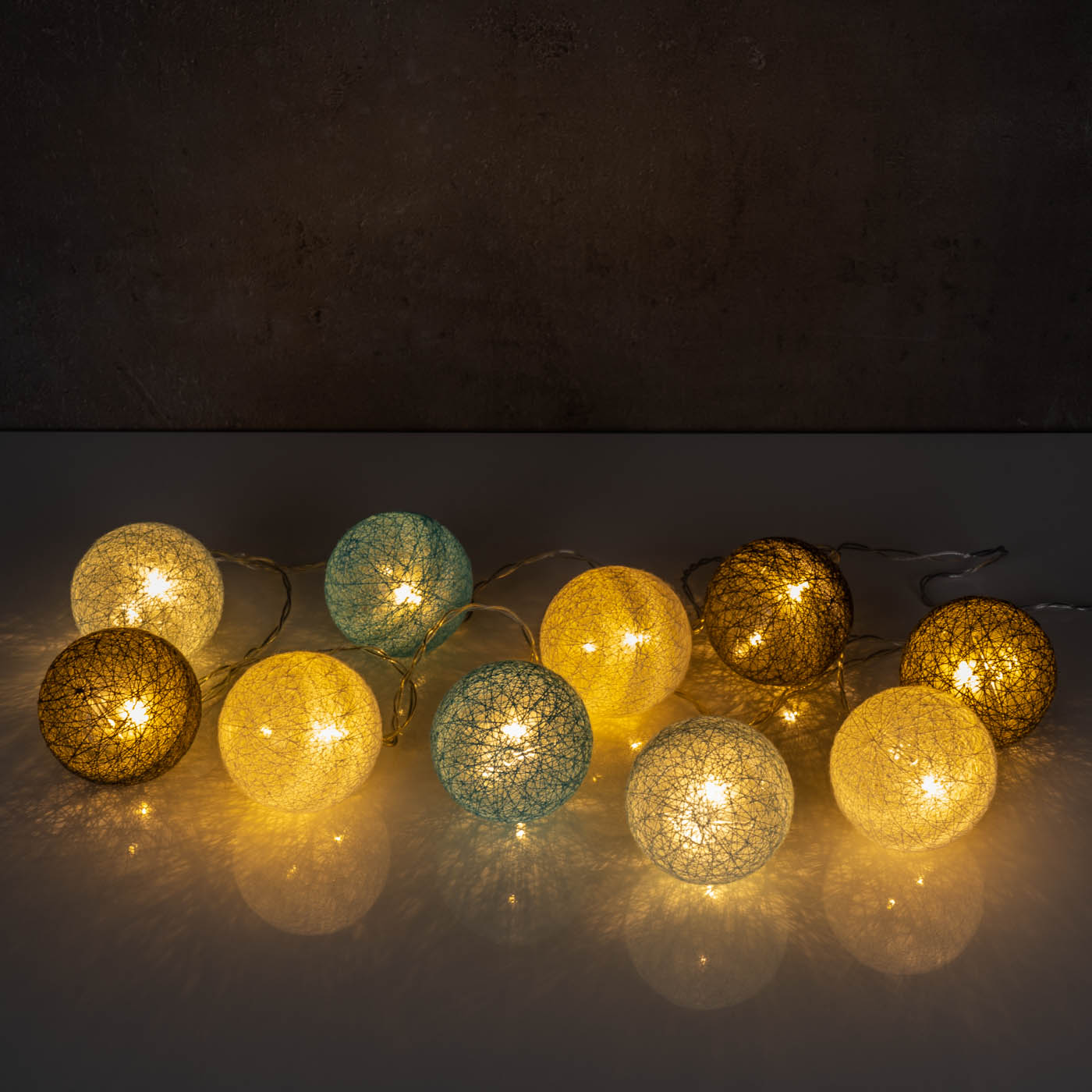 10er Lichterkette LED Ø6cm Kugeln Girlande Lampions Baumwolle Blau Grau Deko