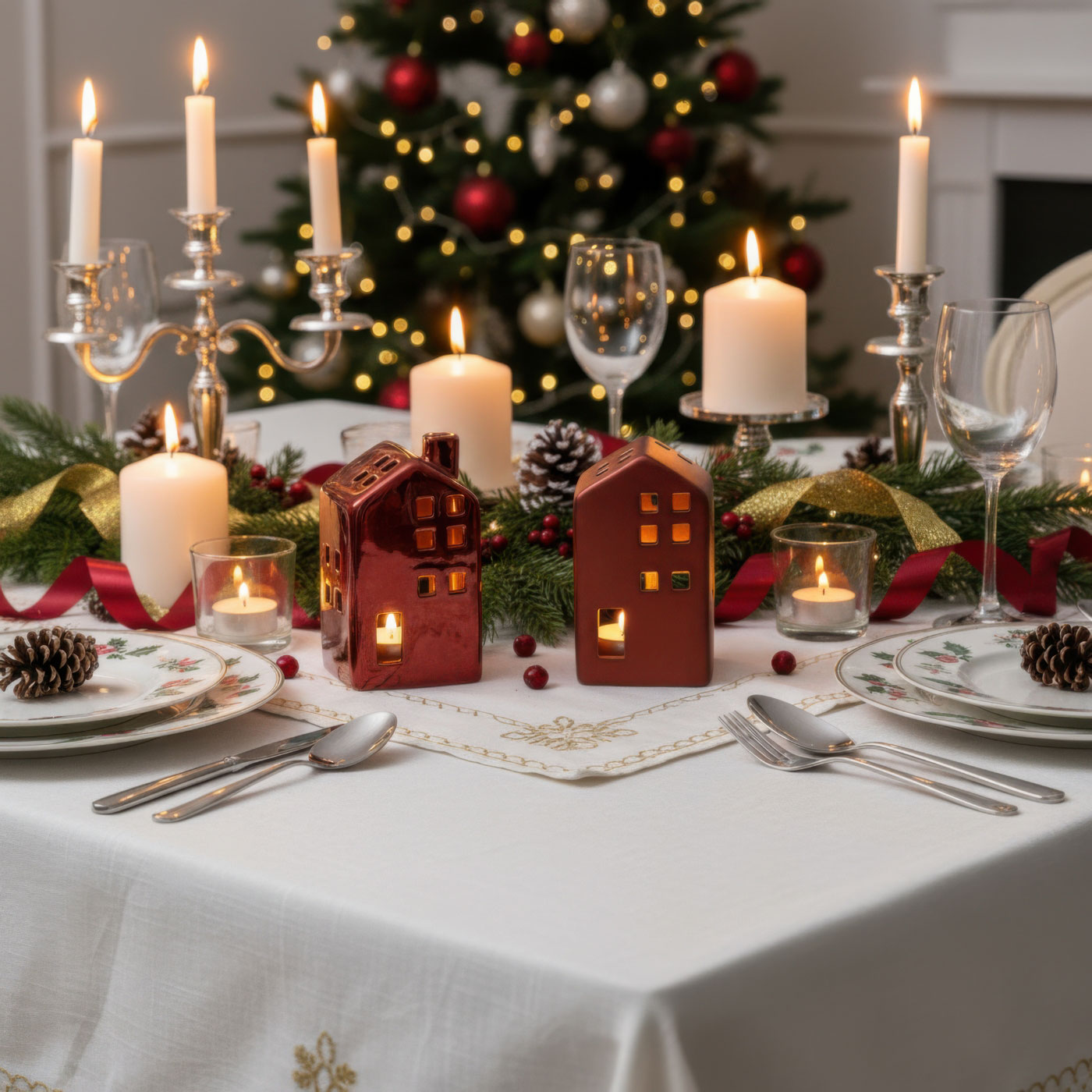 2er Set Teelichthaus Porzellan Bordeaux Rot Tischdeko Weihnachtsdeko Teelichthalter
