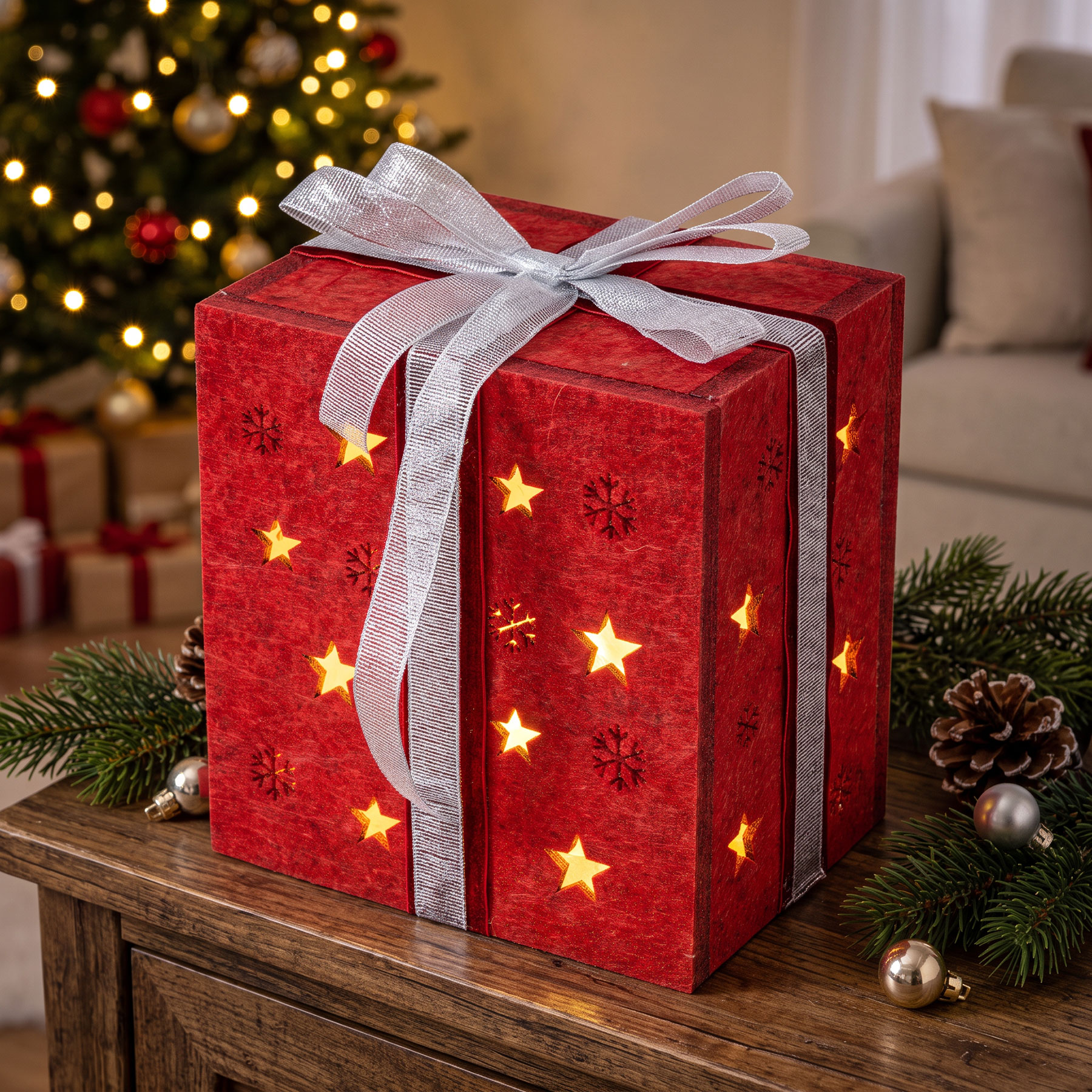 LED Geschenkbox Rot Filz Weihnachtsdeko Deko Sterne Geschenk Weihnachten