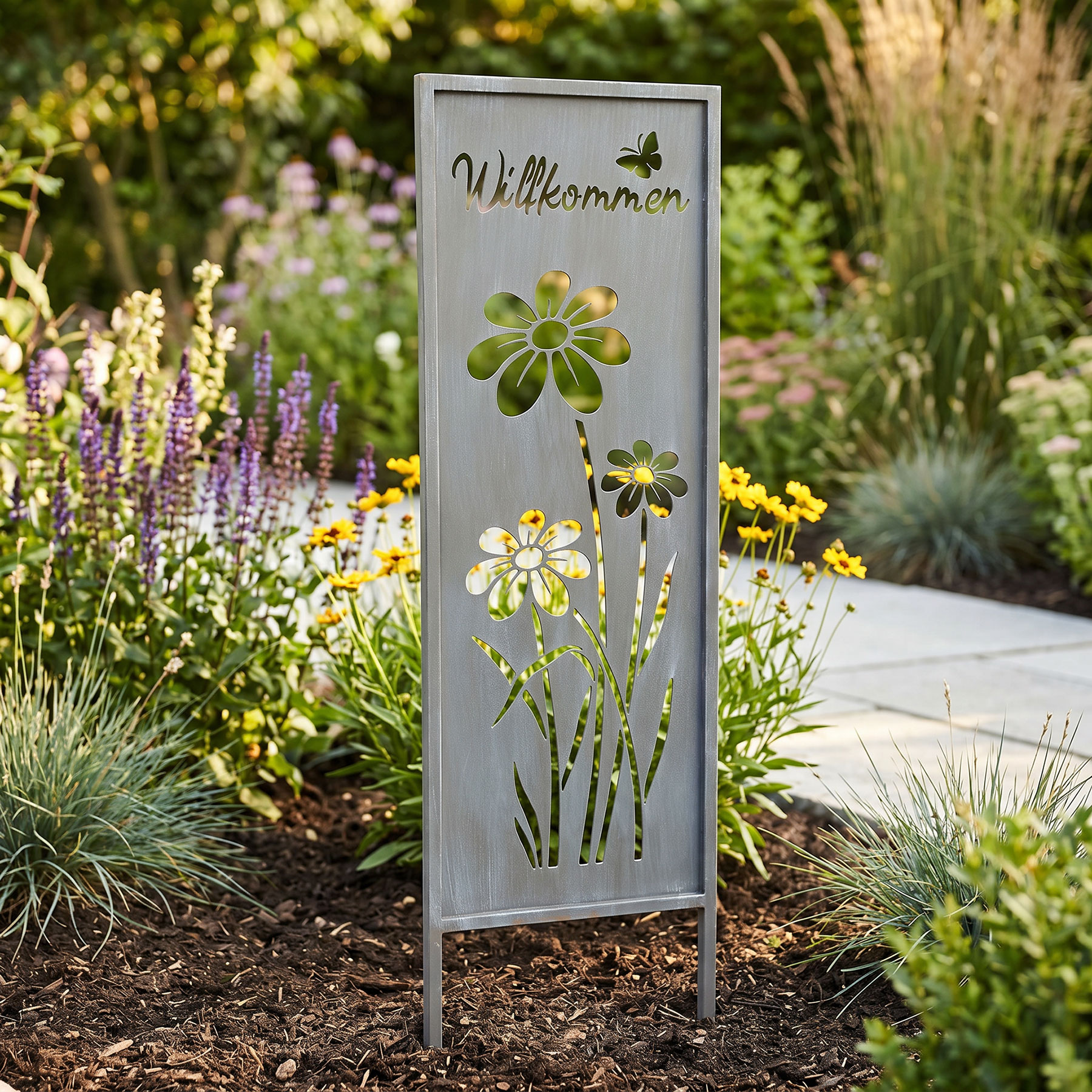 Gartenstecker Willkommen H83cm Stele Grau Betonoptik Garten-Deko Gartenschild
