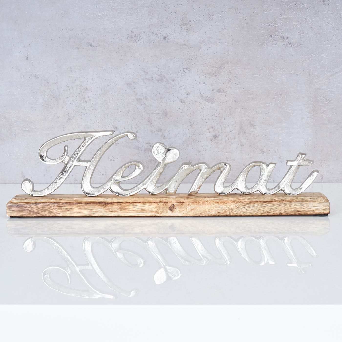 Schriftzug Heimat L40cm Metall Silber Mango Holz Tischdeko Deko Aufsteller