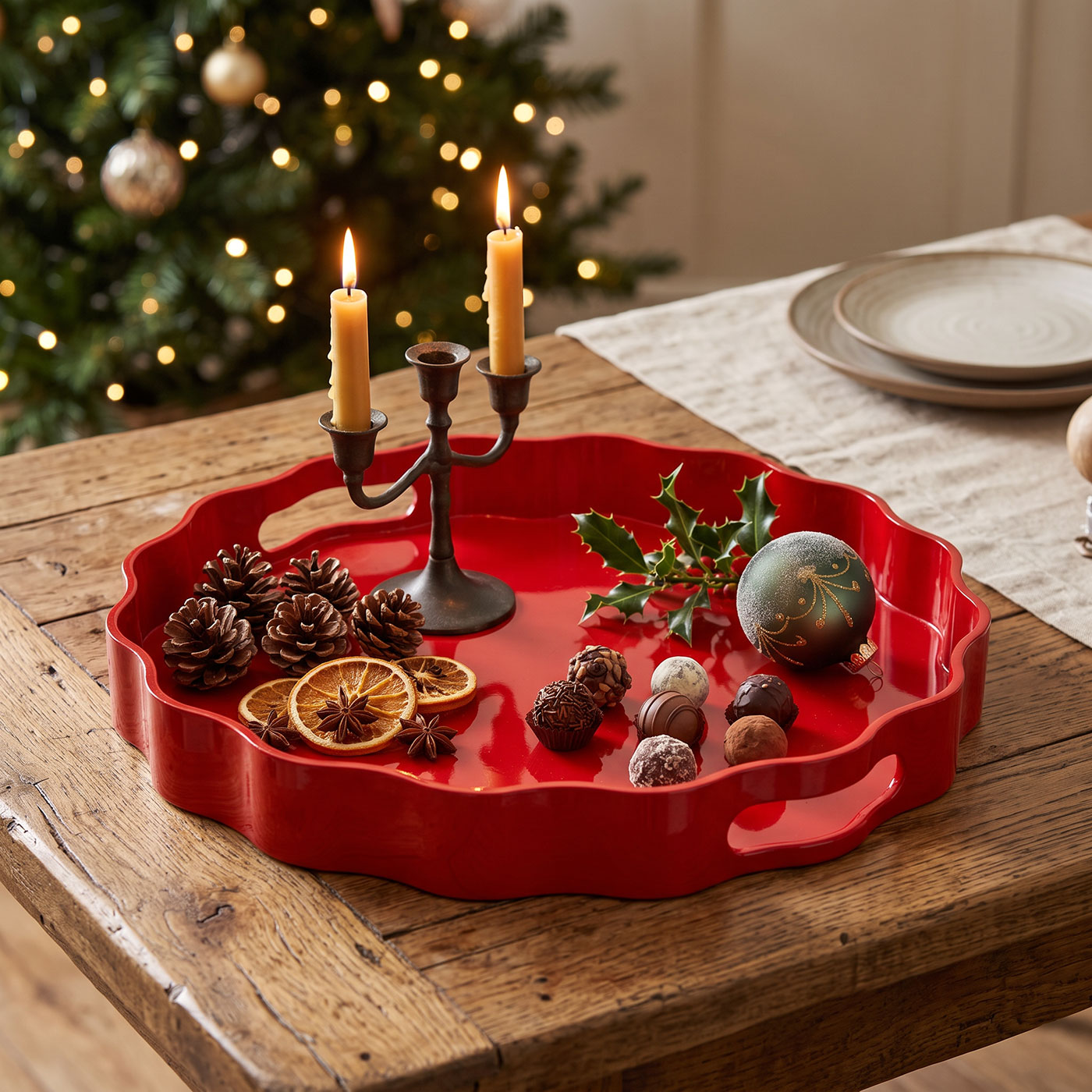Deko Tablett Rot mit Griffen 33cm Rund Serviertablett Tischdeko Weihnachtsdeko