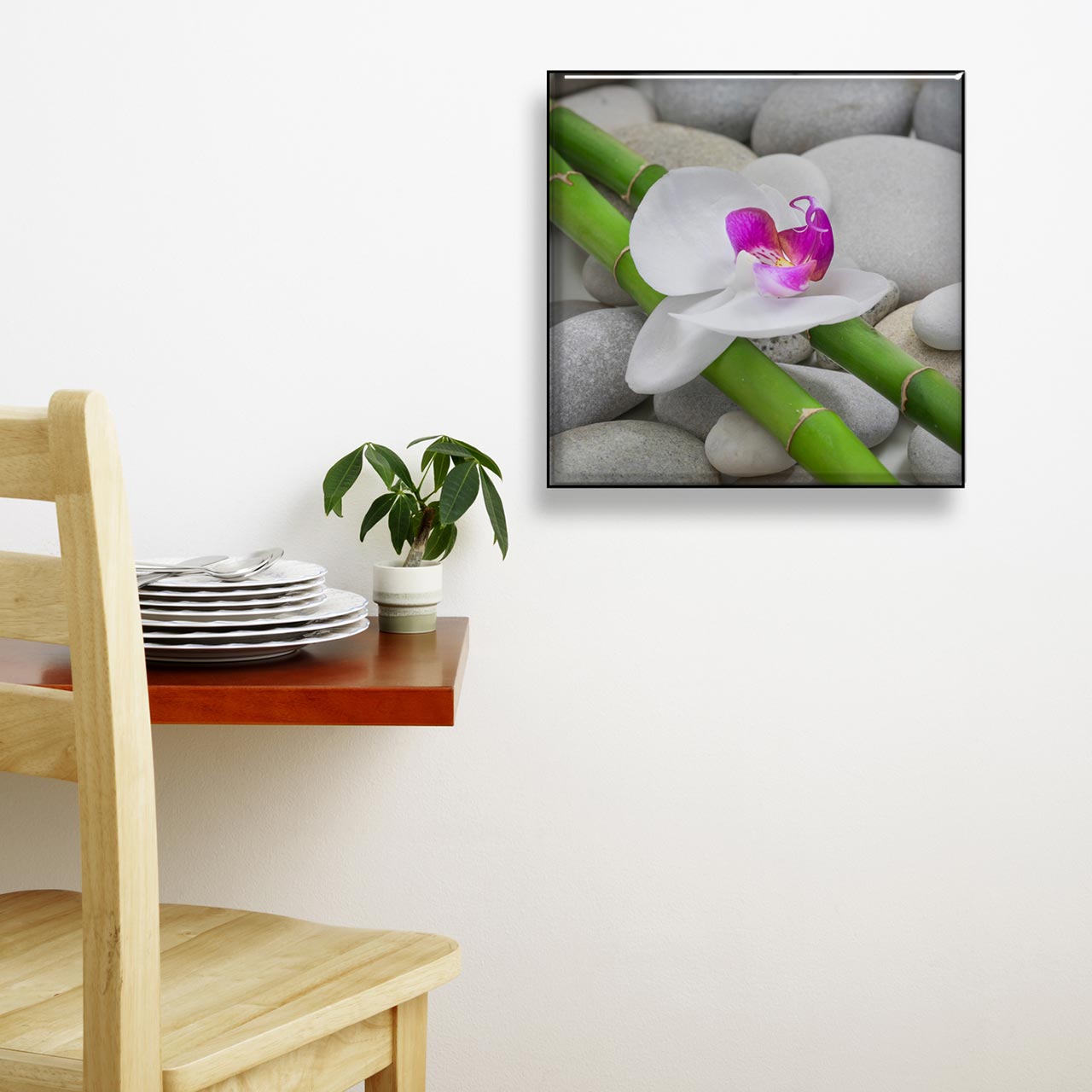 Glasbild 3er Set je 30x30cm Wandbild Glas Orchideen Bambus Steine Deko Wanddeko