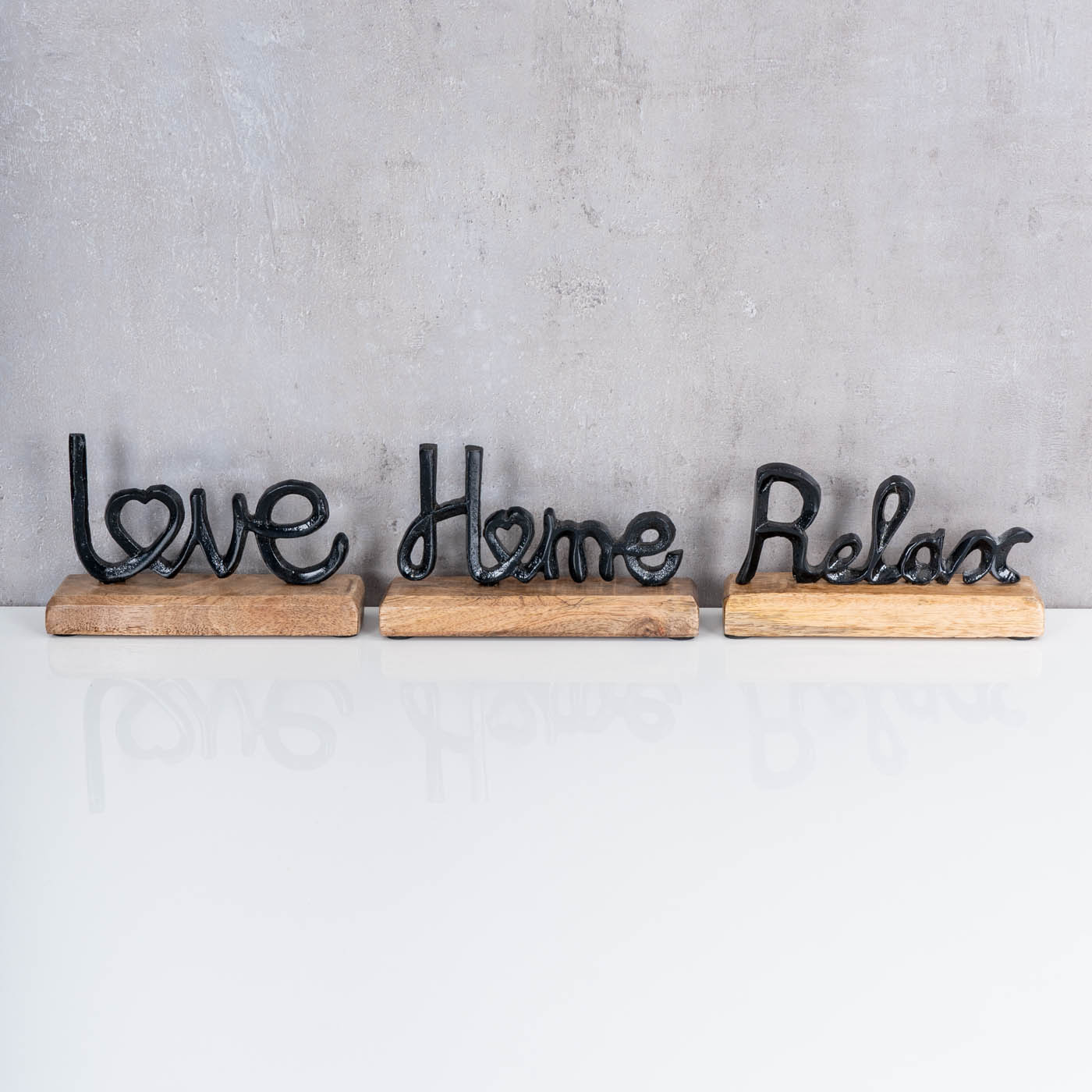 3er Set Schriftzug Love Home Relax Schwarz Mango Holz Metall Aufsteller Deko