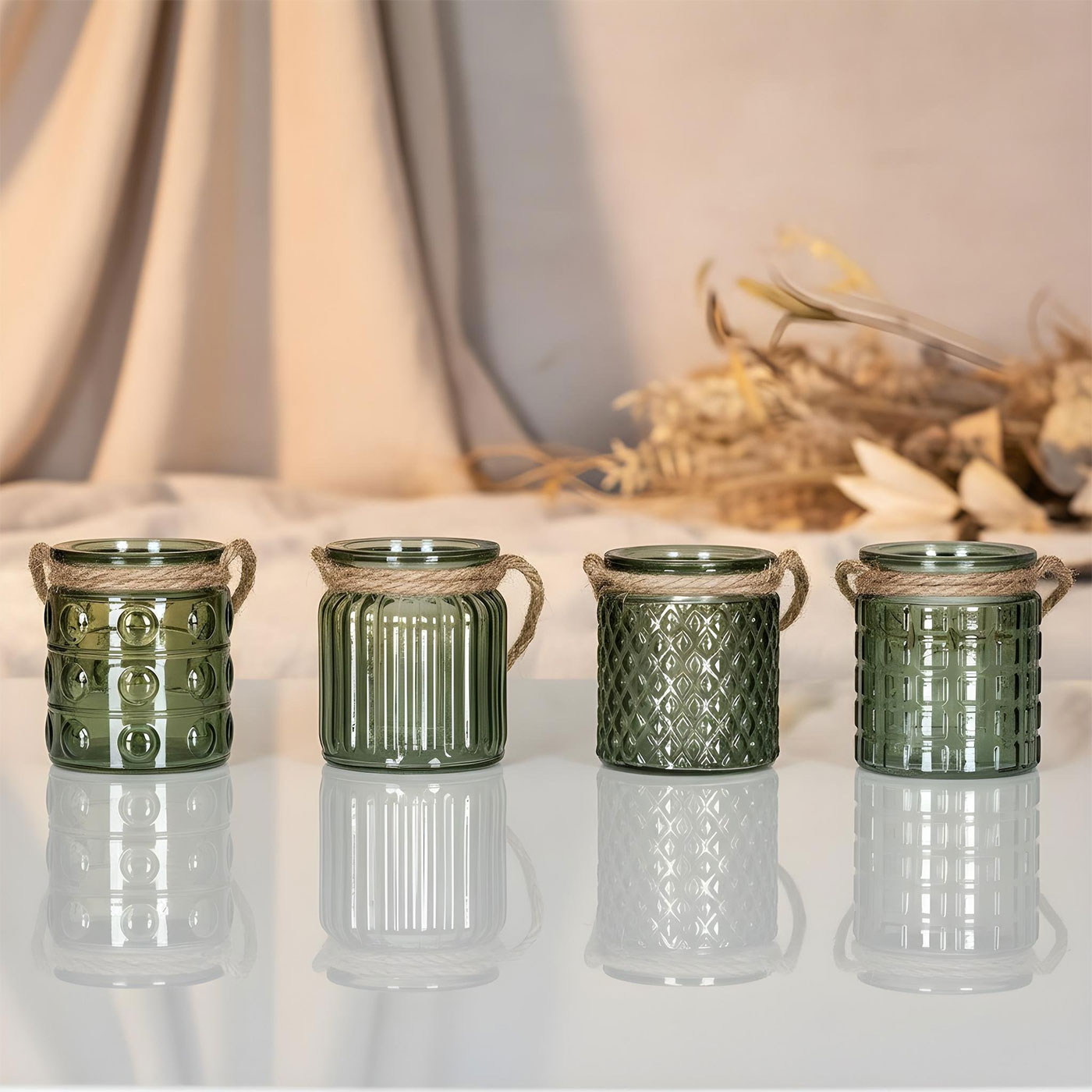 4er Set Windlicht Glas Grün Khaki H10cm Teelichthalter Tischdeko Kerzen Retro Deko