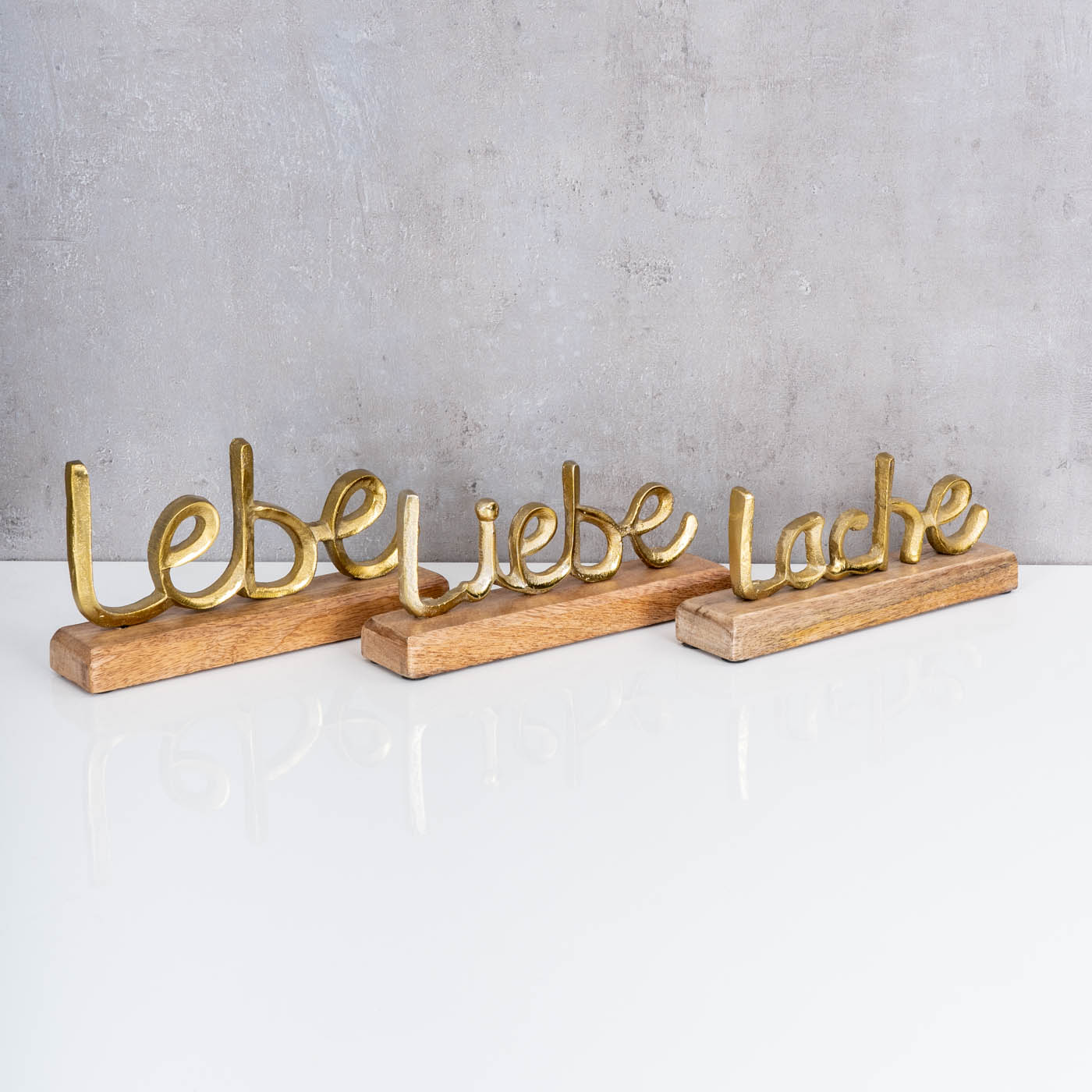3er Set Schriftzug Lebe Lache Liebe L22cm Metall Gold Mango Holz Tisch-Deko