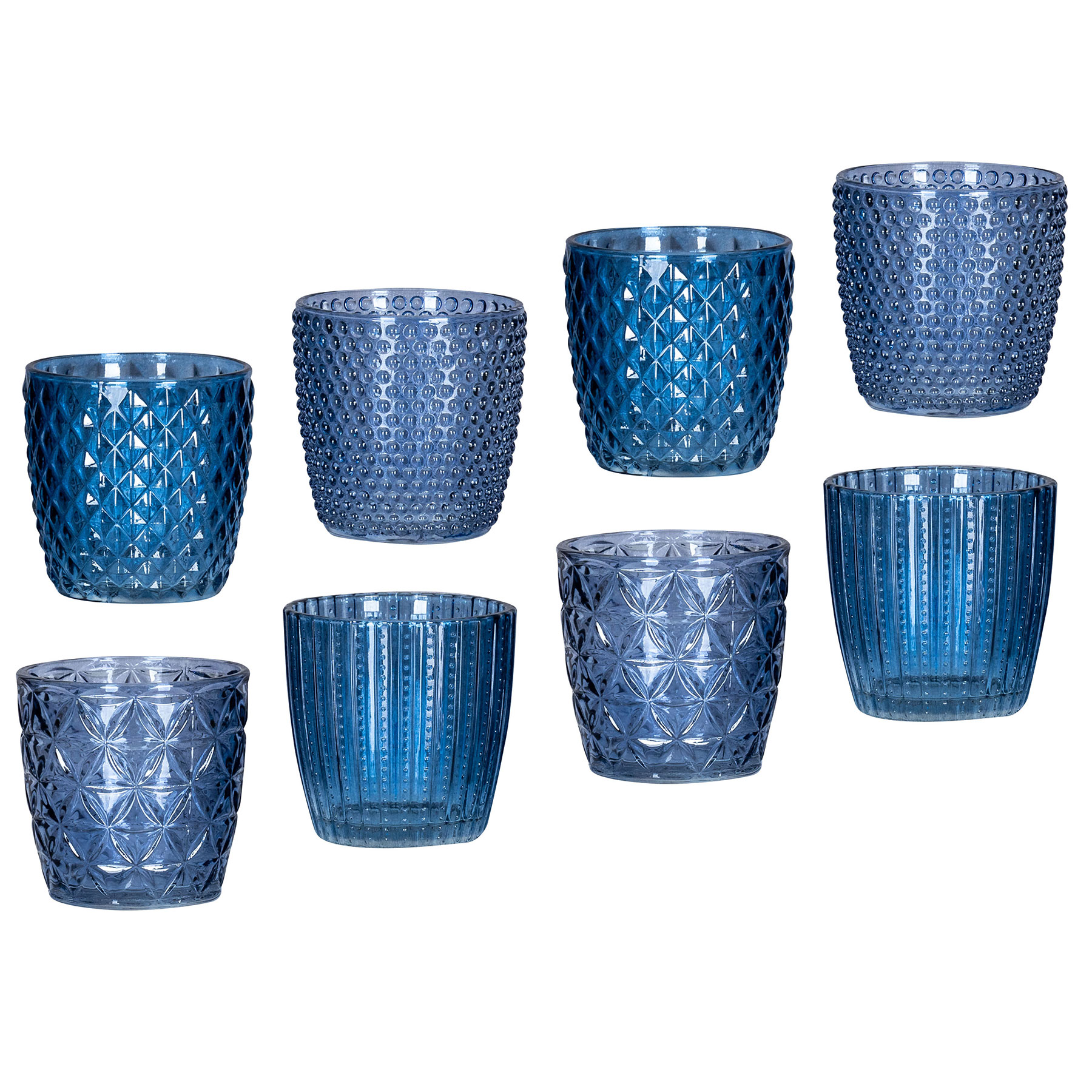 8er Set Windlicht H7,5cm Glas Blau Teelichthalter Tischdeko Kerzen Retro Deko