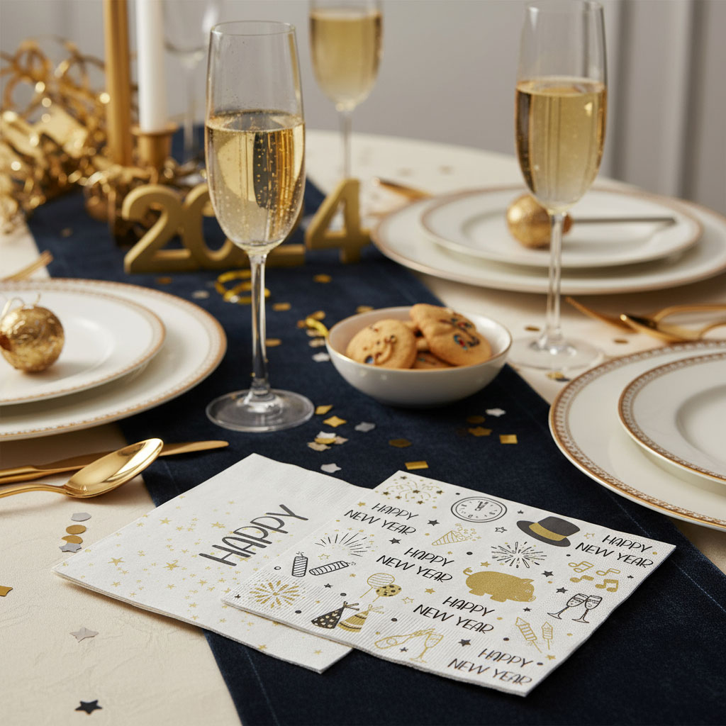 40 Stück Silvester Deko Servietten Happy New Year Weiß Schwarz Gold Tischdeko