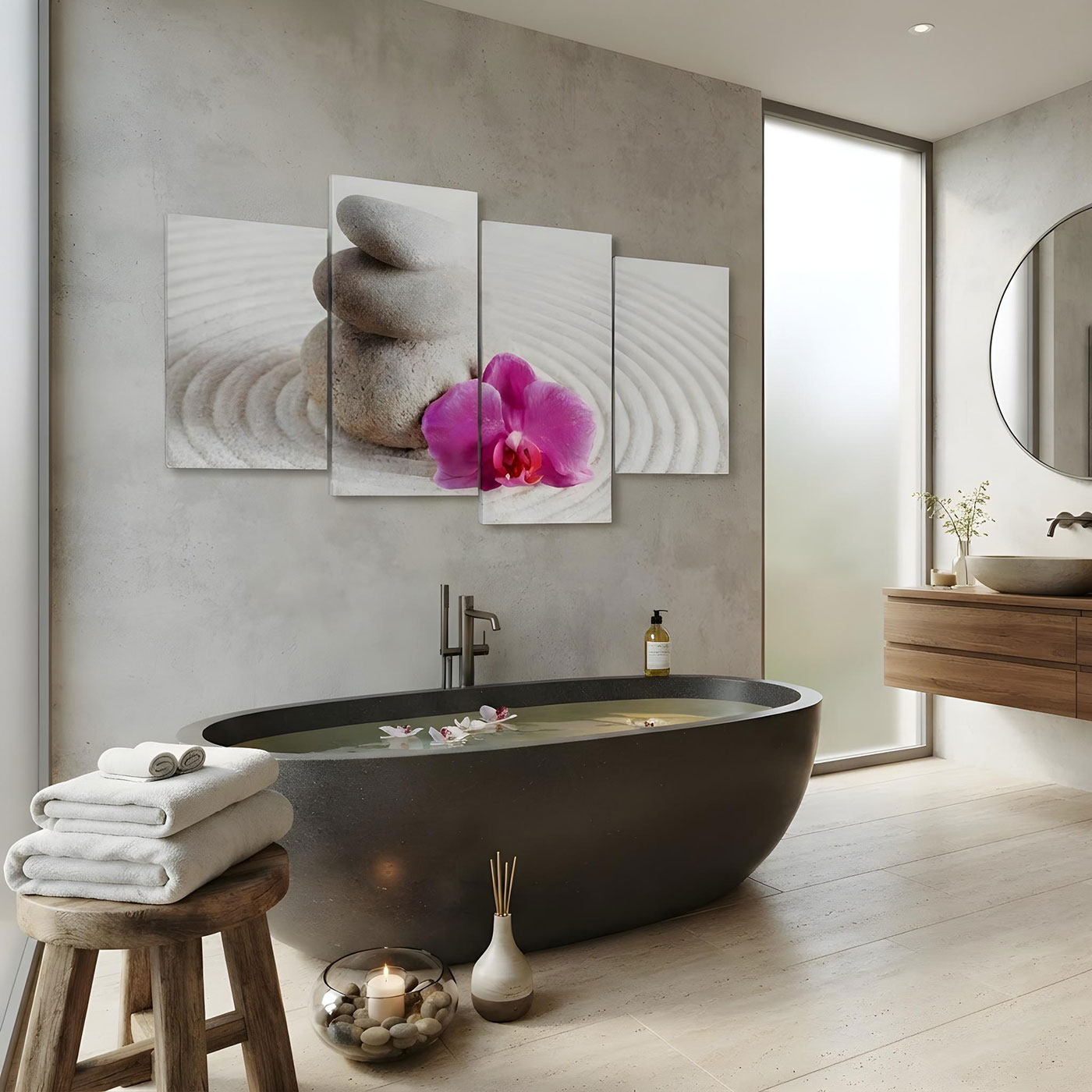Wandbild 4 teilig Sand Wellness rosa Orchidee Feng Shui  Bild Leinwand