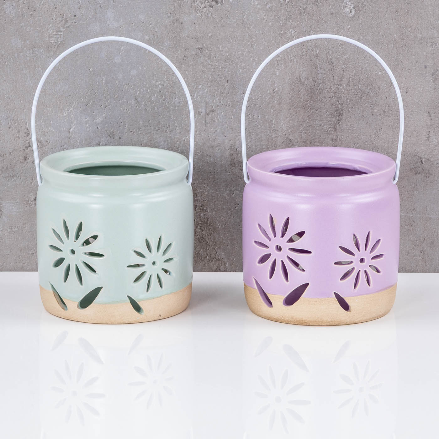 2er Set Windlichter H9cm Lila Grün Porzellan Teelichthalter Blume Frühling Tischdeko