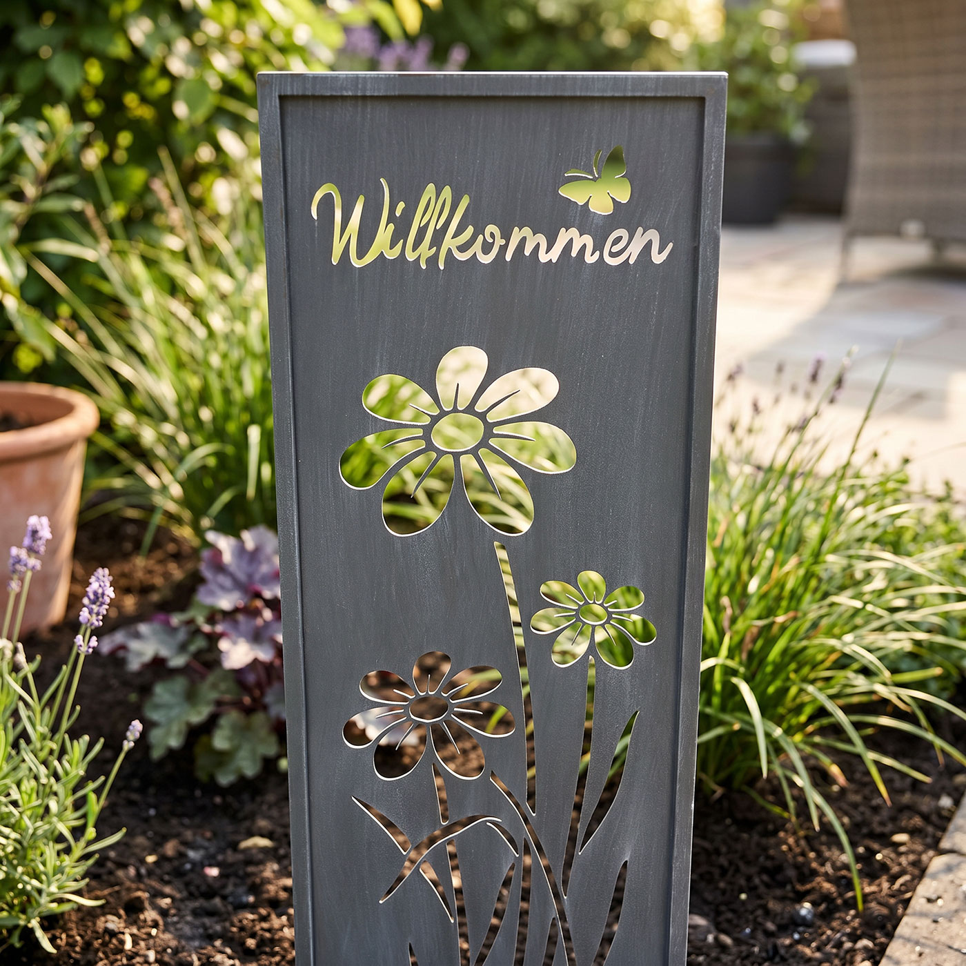 Gartenstecker Willkommen H83cm Stele Grau Betonoptik Garten-Deko Gartenschild