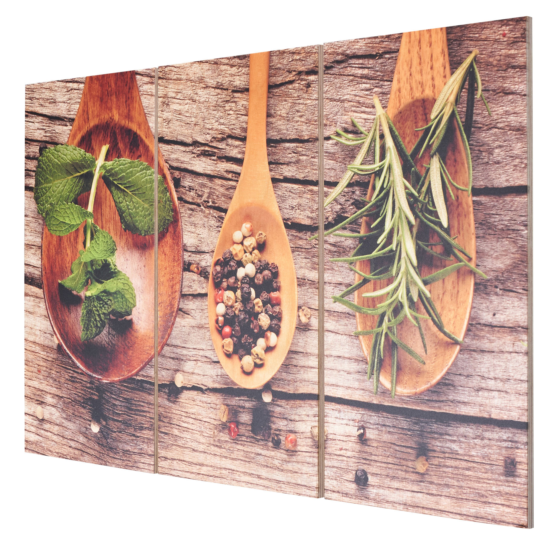3er Set Wandbild 60x40cm Holz Birkenholz Kräuter Gewürze Küche Holzbild Wanddeko