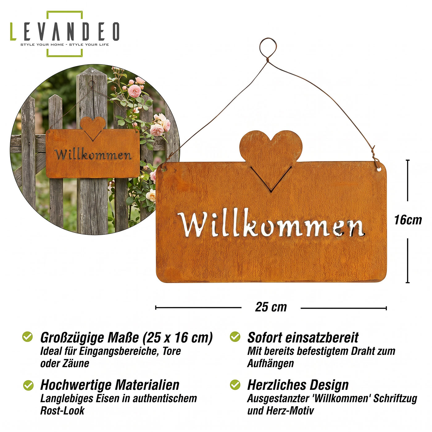 Willkommen Türschild Rost 25x16cm Gartendeko Eisen Hängeschild Gartenschild Herz
