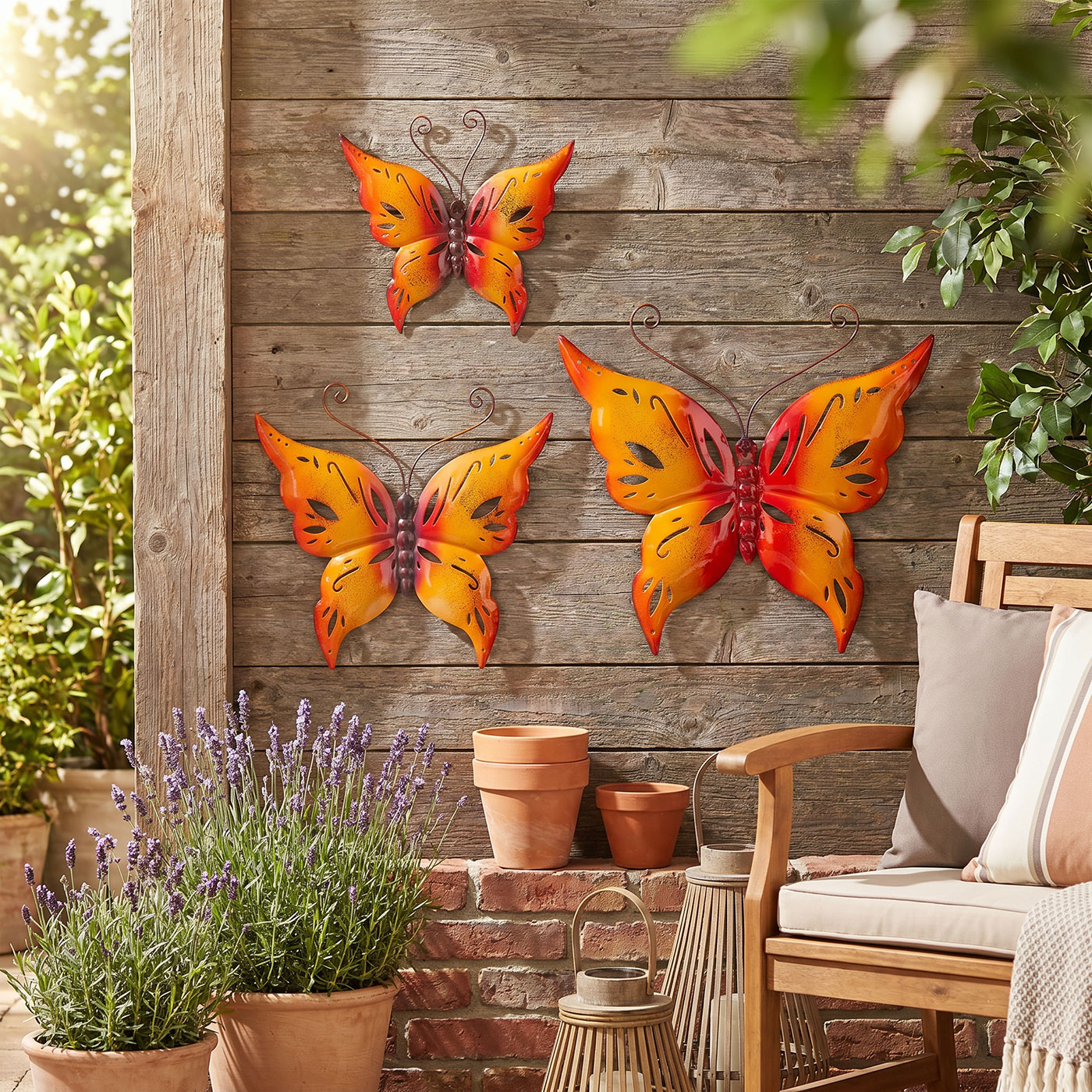 3er Set Schmetterling Metall Wanddeko Rot Orange B20-33cm Gartendeko Wandkunst